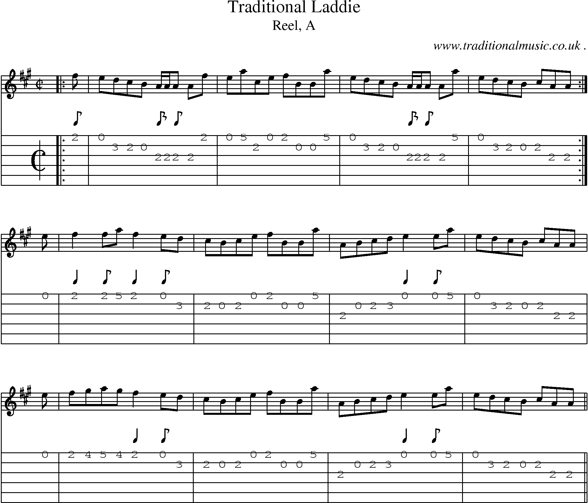 Sheet-music  score, Chords and Guitar Tabs for Traditional Laddie
