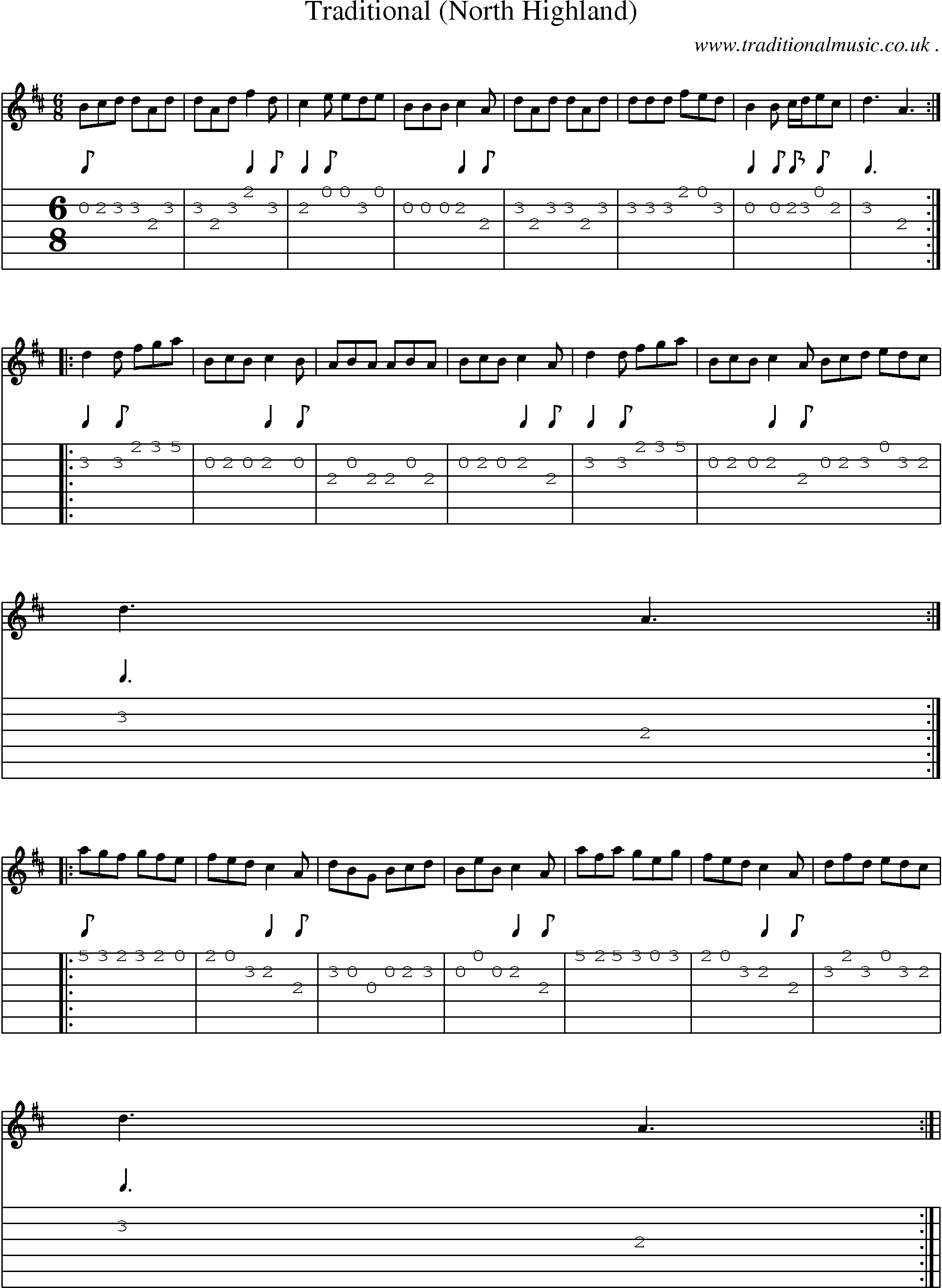 Sheet-music  score, Chords and Guitar Tabs for Traditional North Highland