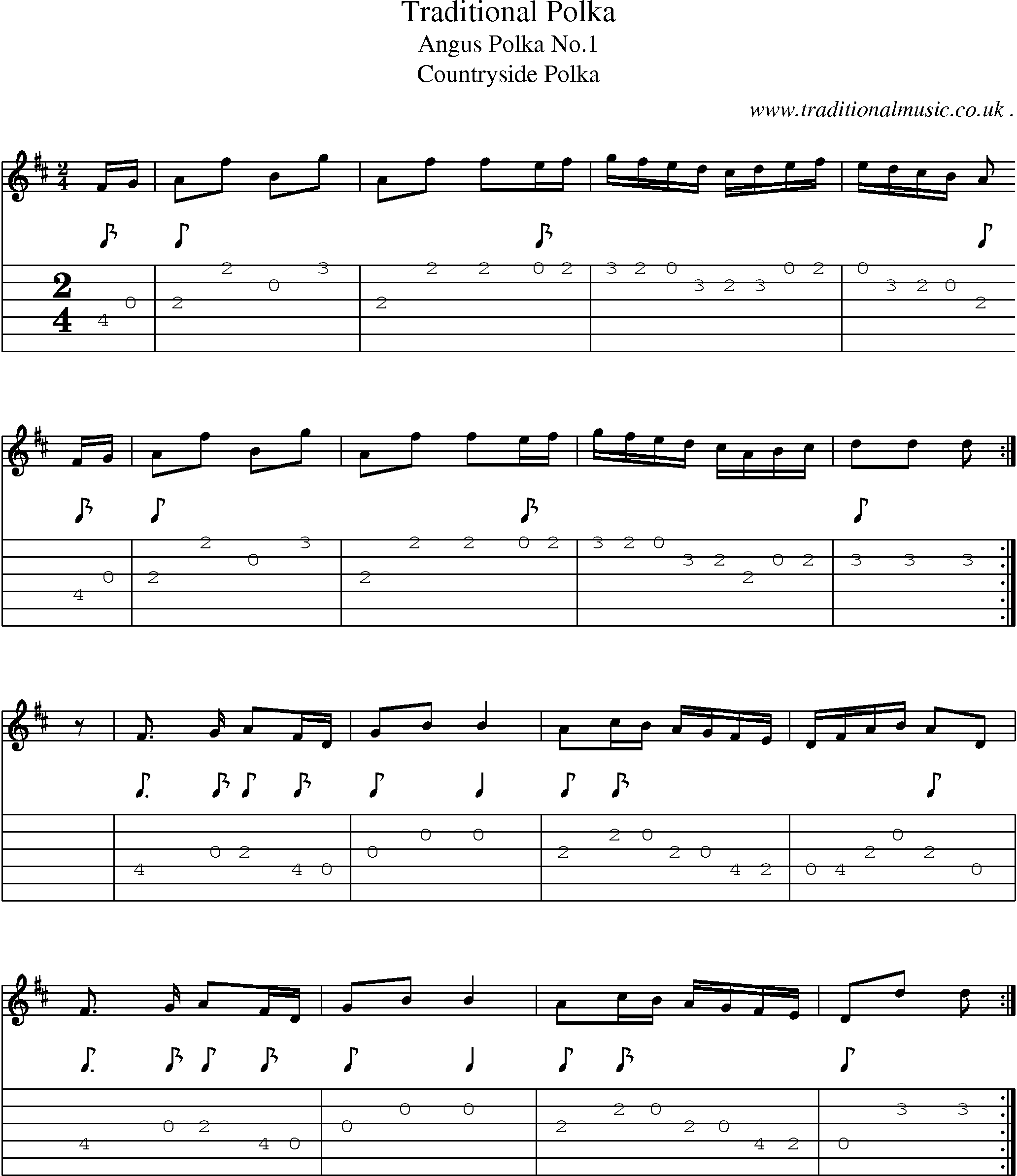 Sheet-music  score, Chords and Guitar Tabs for Traditional Polka