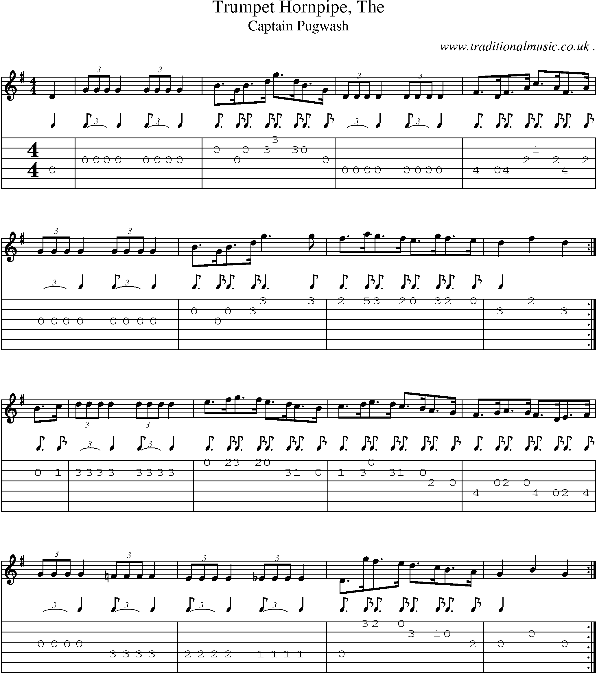 Sheet-music  score, Chords and Guitar Tabs for Trumpet Hornpipe The