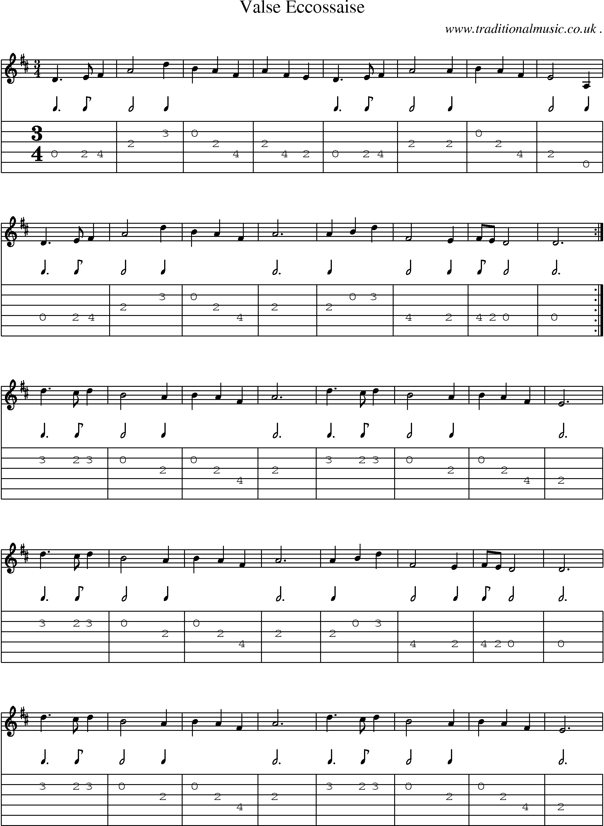 Sheet-music  score, Chords and Guitar Tabs for Valse Eccossaise