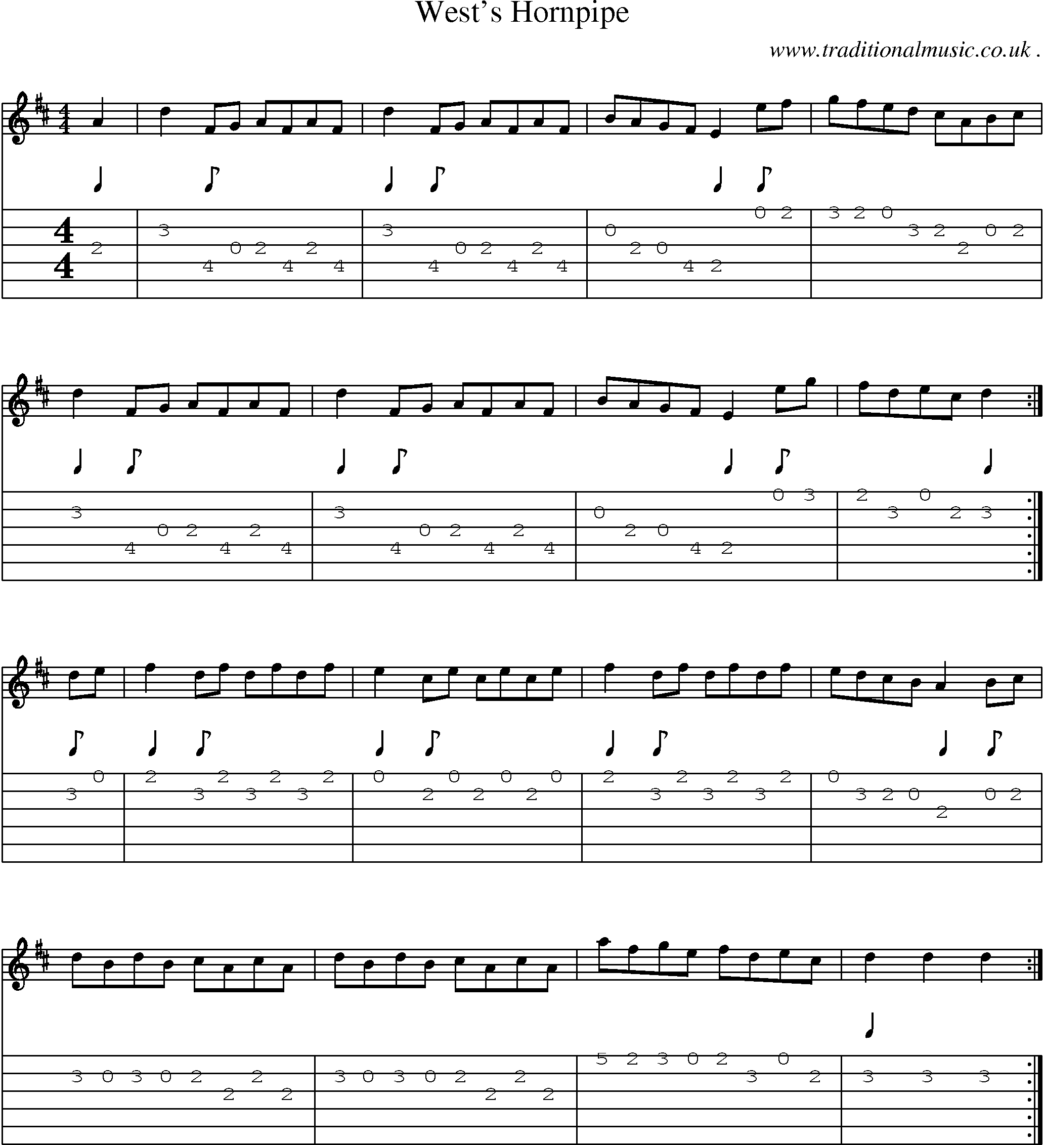 Sheet-music  score, Chords and Guitar Tabs for Wests Hornpipe
