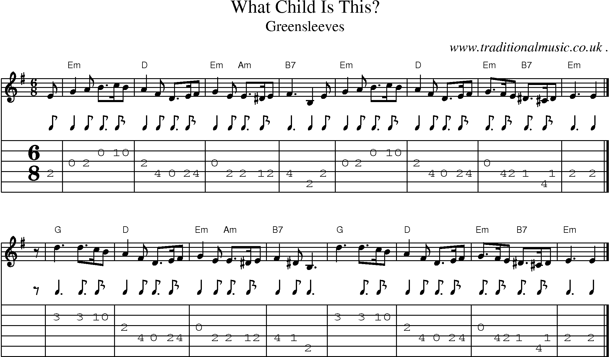 Sheet-music  score, Chords and Guitar Tabs for What Child Is This
