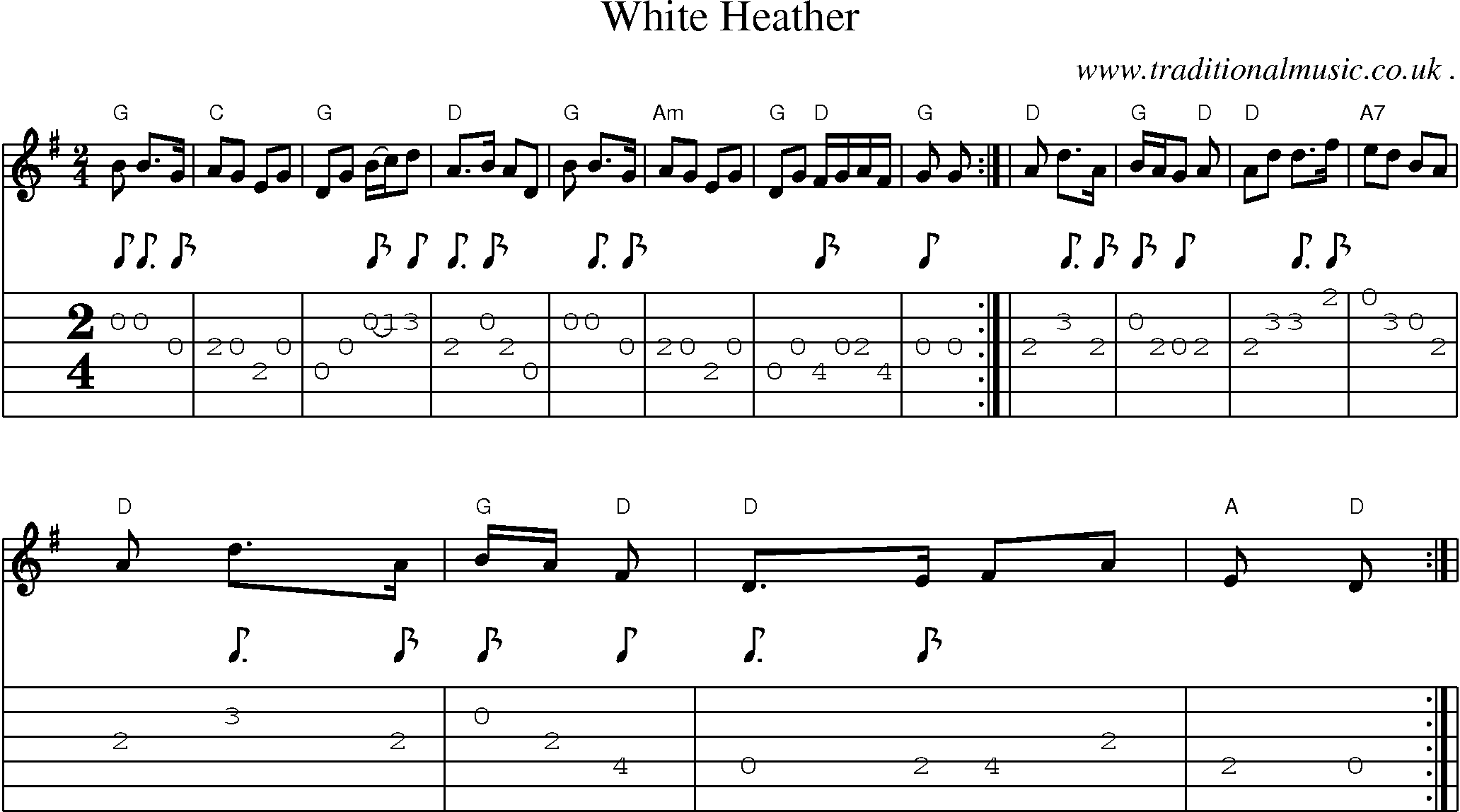 Sheet-music  score, Chords and Guitar Tabs for White Heather