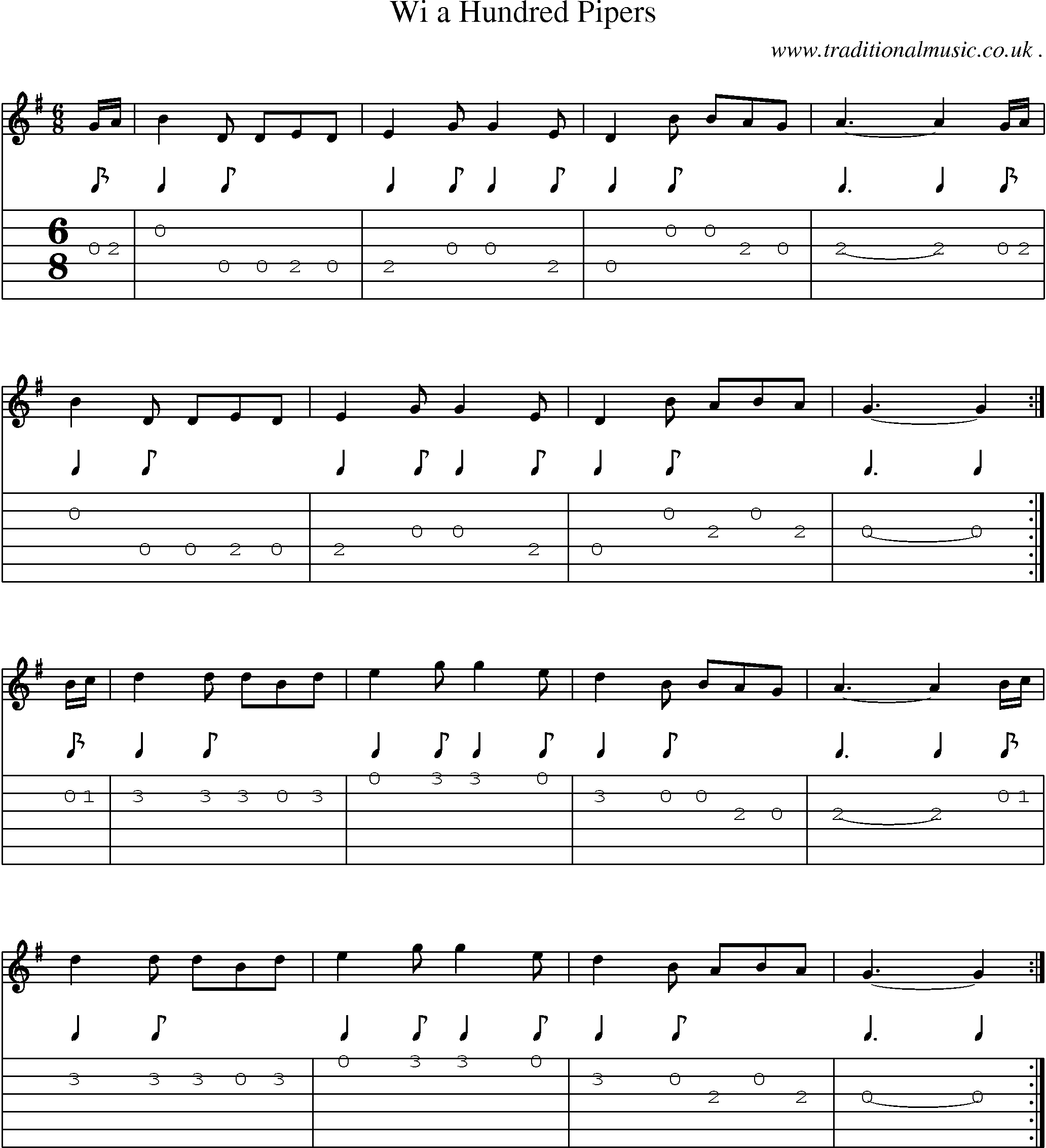 Sheet-music  score, Chords and Guitar Tabs for Wi A Hundred Pipers