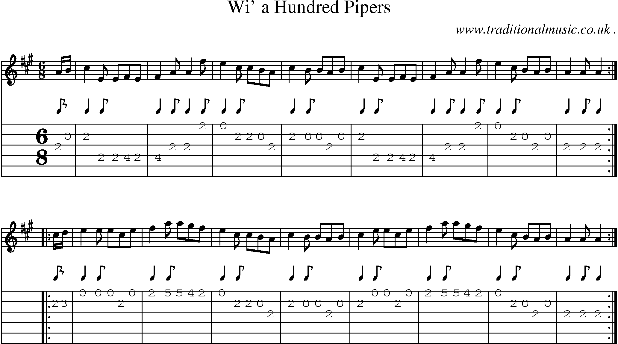 Sheet-music  score, Chords and Guitar Tabs for Wi A Hundred Pipers1