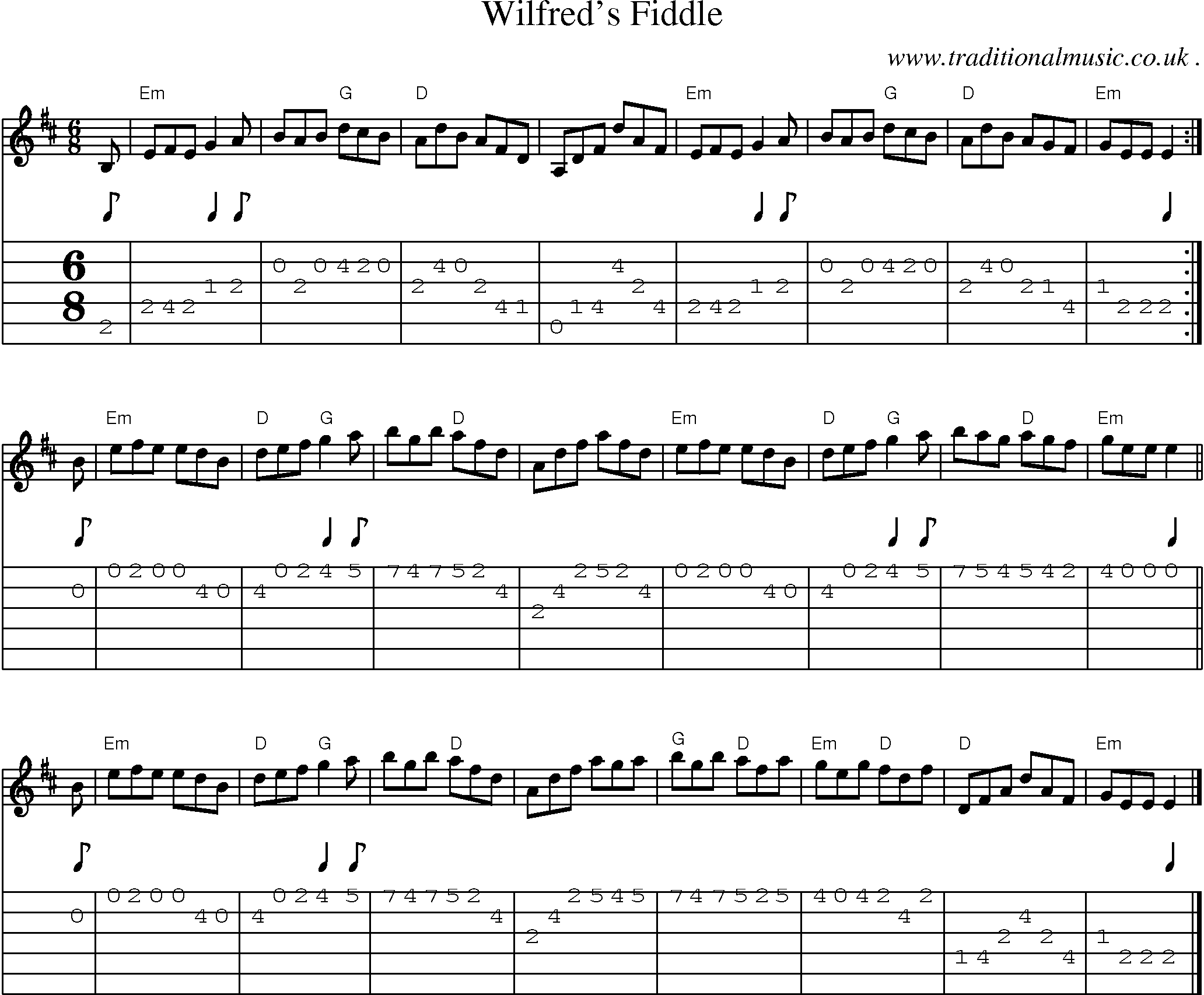 Sheet-music  score, Chords and Guitar Tabs for Wilfreds Fiddle