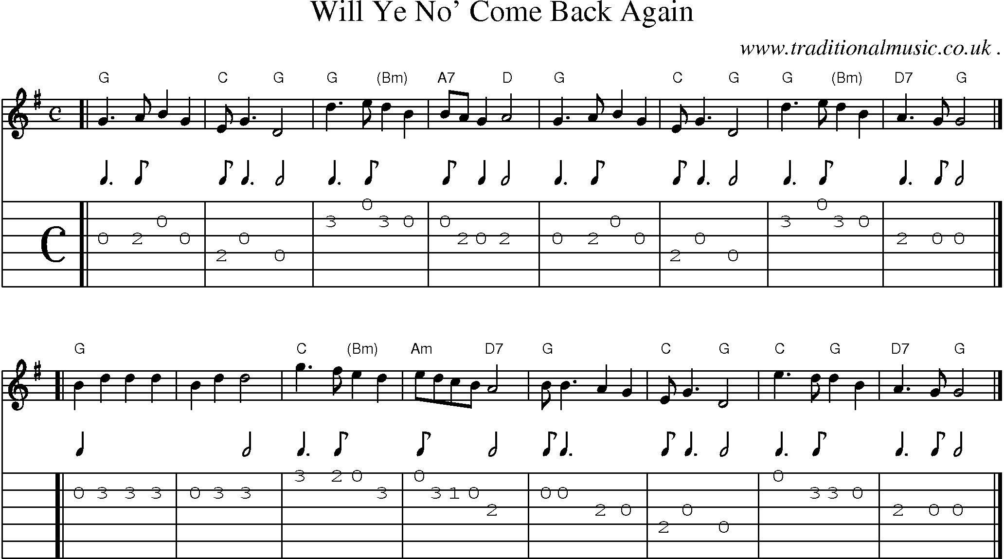 Sheet-music  score, Chords and Guitar Tabs for Will Ye No Come Back Again