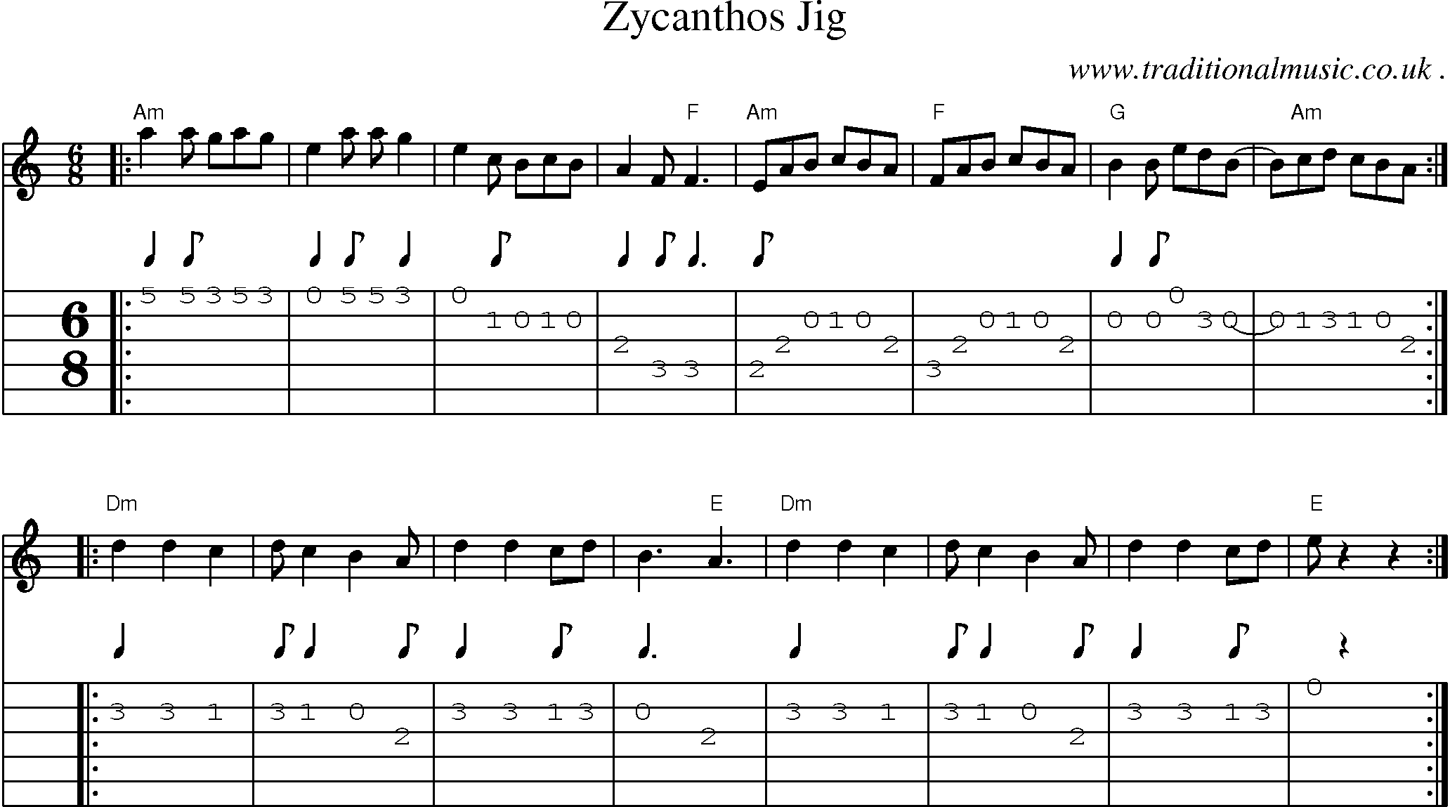 Sheet-music  score, Chords and Guitar Tabs for Zycanthos Jig