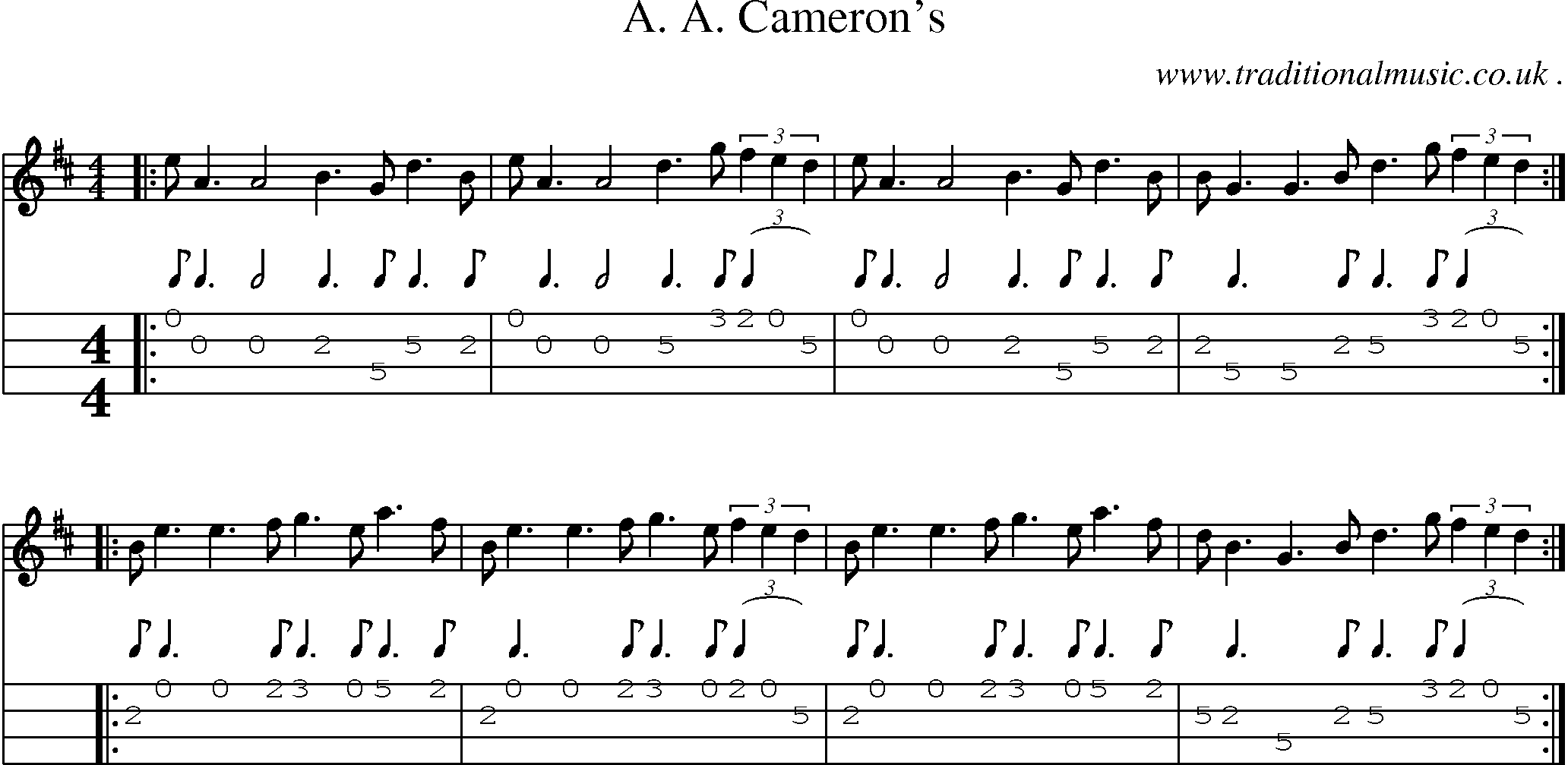 Sheet-music  score, Chords and Mandolin Tabs for A A Camerons