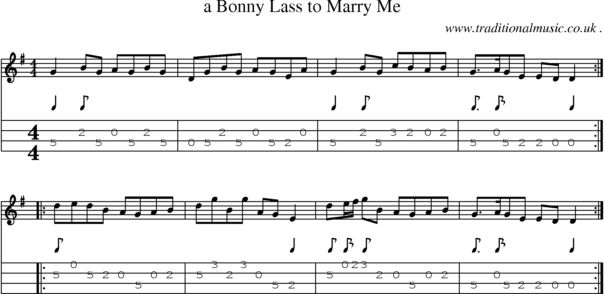 Sheet-music  score, Chords and Mandolin Tabs for A Bonny Lass To Marry Me