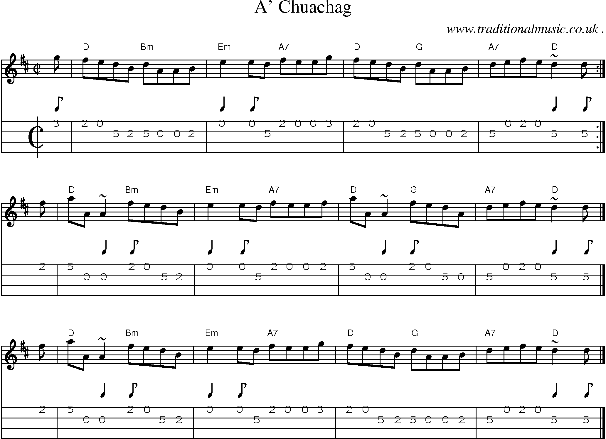Sheet-music  score, Chords and Mandolin Tabs for A Chuachag