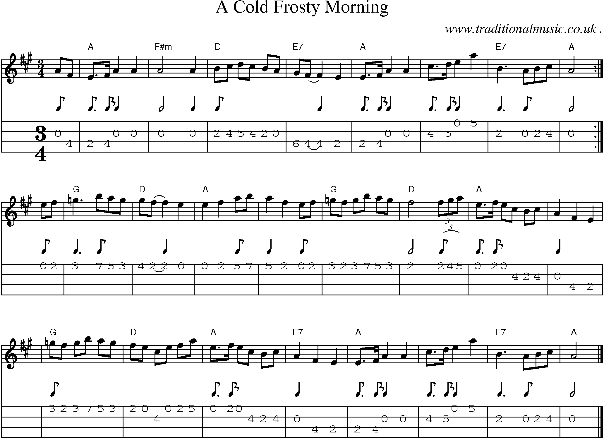 Sheet-music  score, Chords and Mandolin Tabs for A Cold Frosty Morning