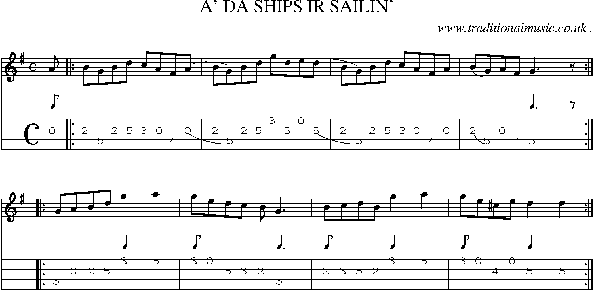 Sheet-music  score, Chords and Mandolin Tabs for A Da Ships Ir Sailin