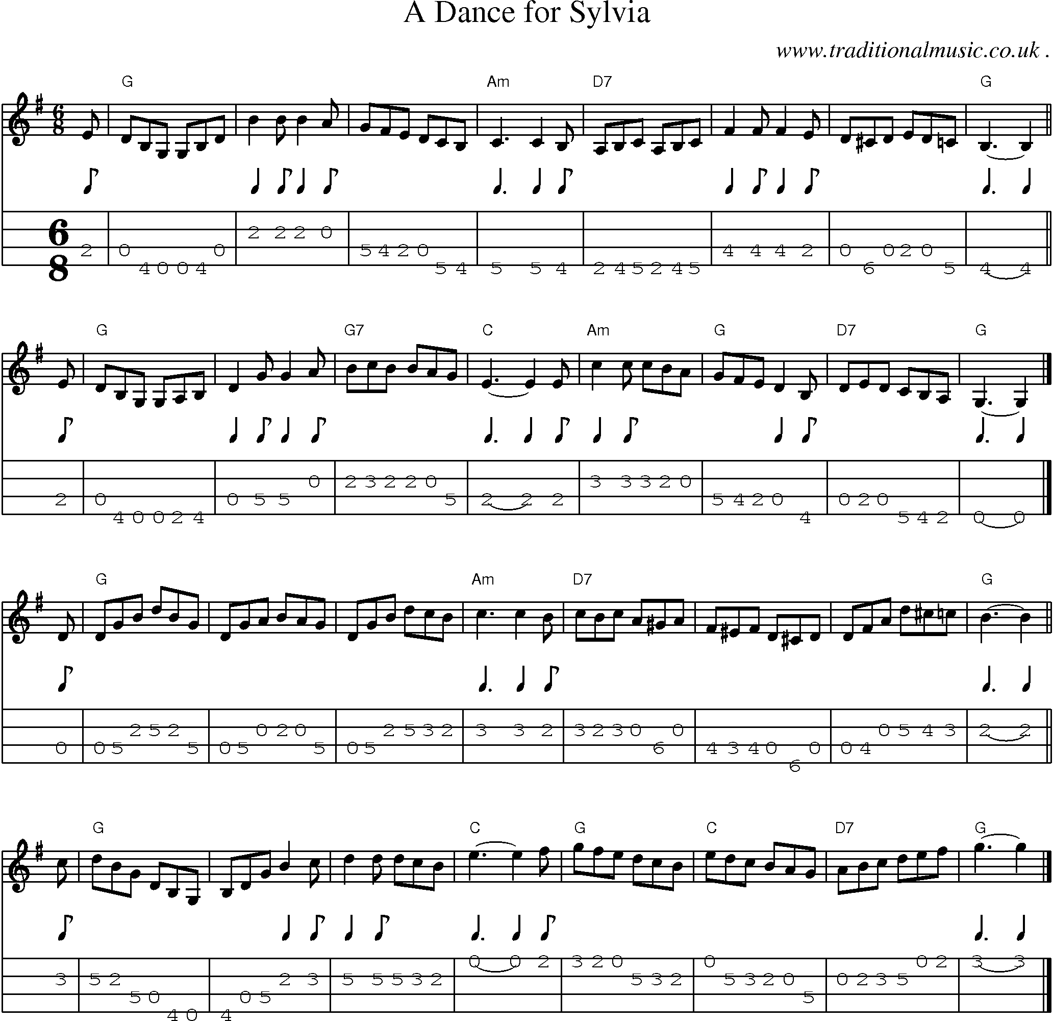 Sheet-music  score, Chords and Mandolin Tabs for A Dance For Sylvia