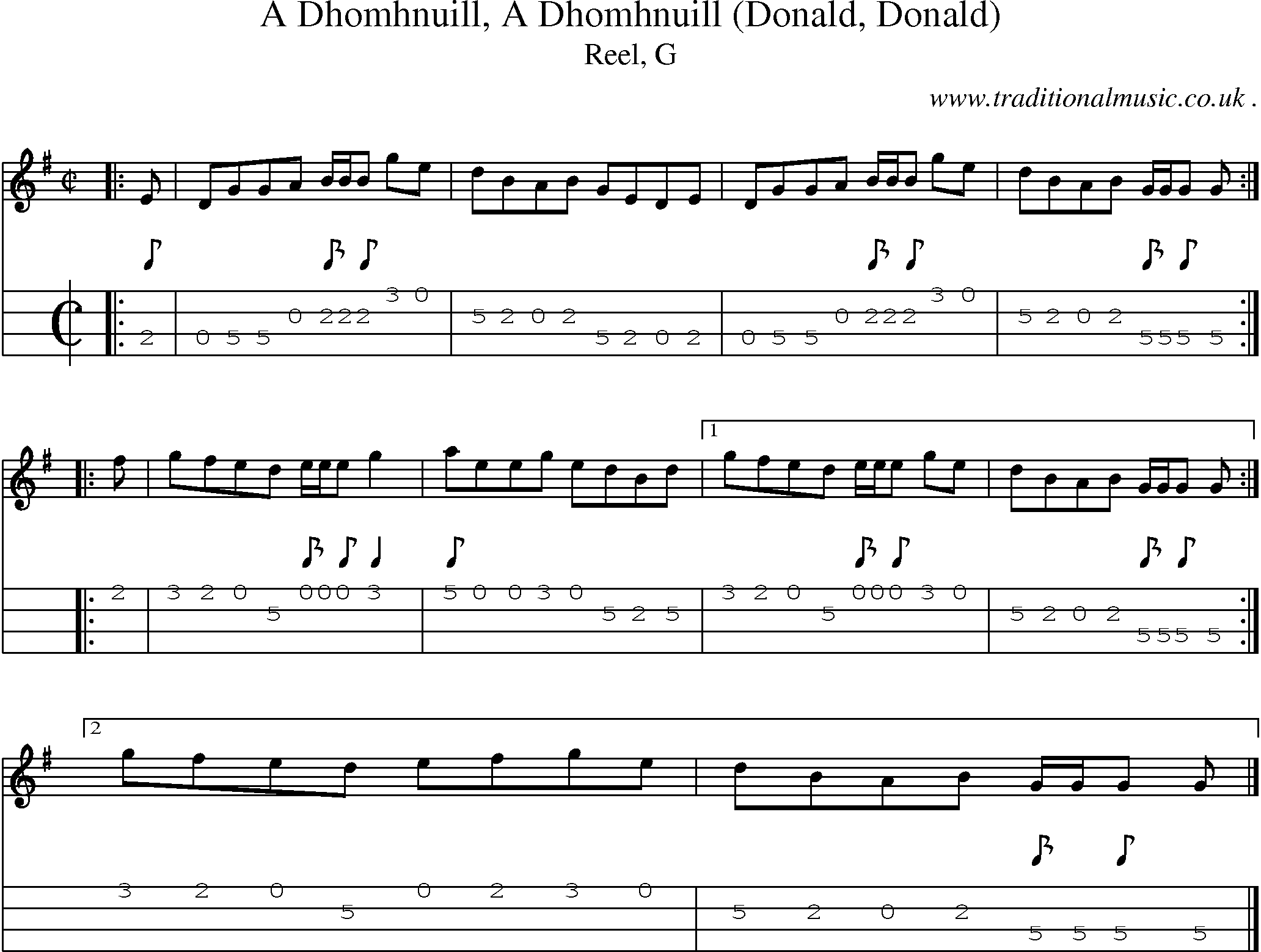 Sheet-music  score, Chords and Mandolin Tabs for A Dhomhnuill A Dhomhnuill Donald Donald