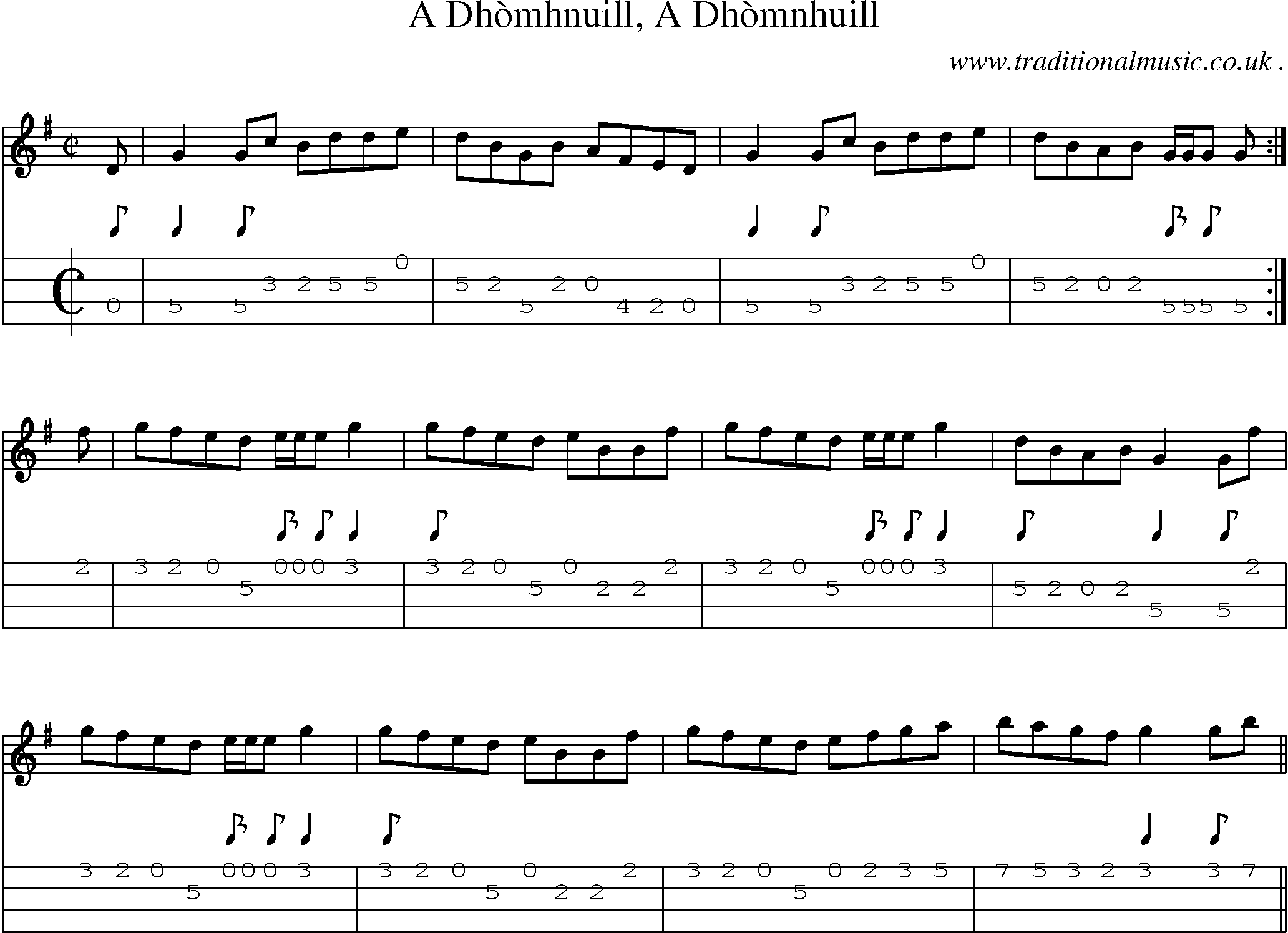 Sheet-music  score, Chords and Mandolin Tabs for A Dhomhnuill A Dhomnhuill