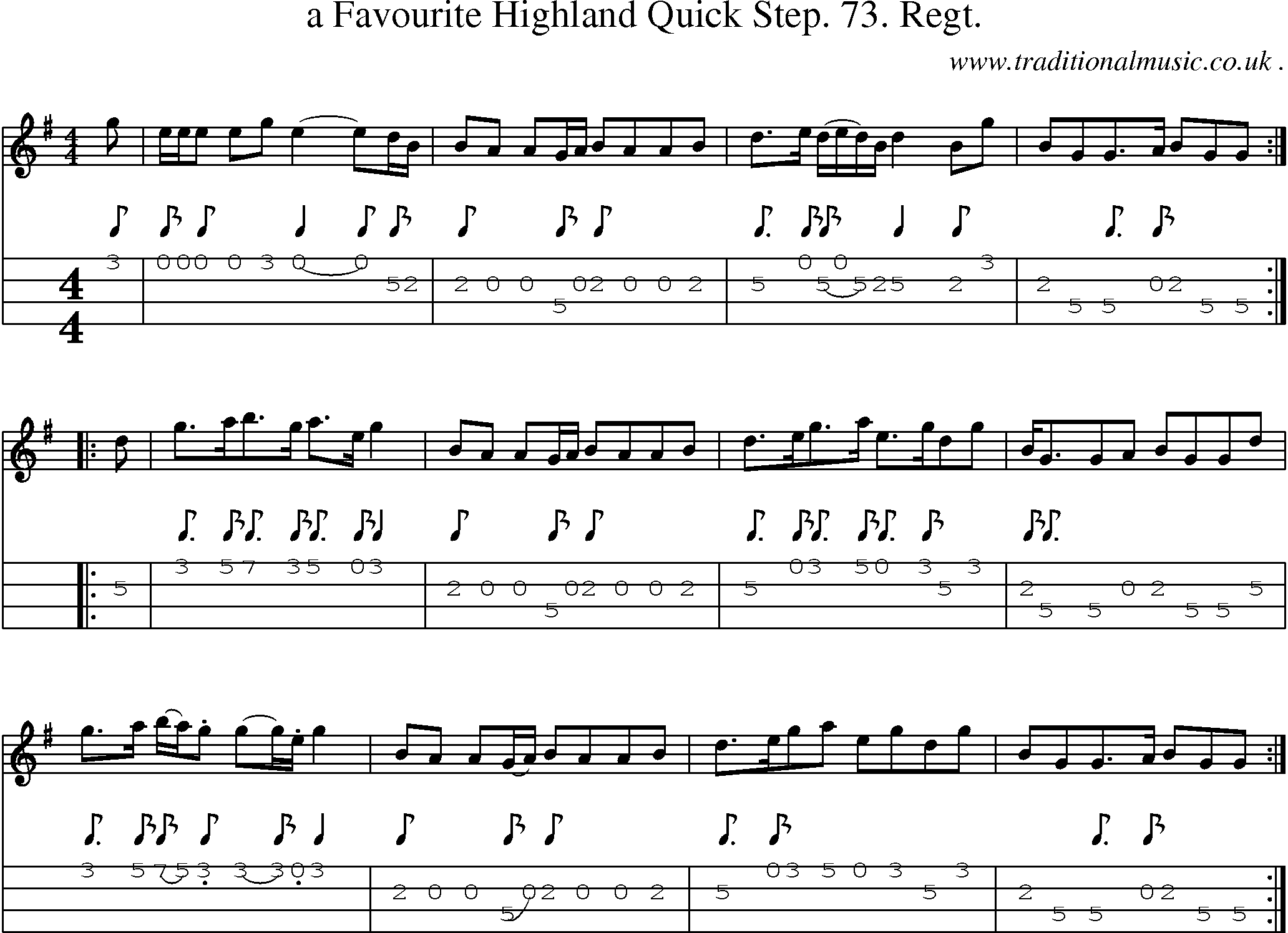 Sheet-music  score, Chords and Mandolin Tabs for A Favourite Highland Quick Step 73 Regt