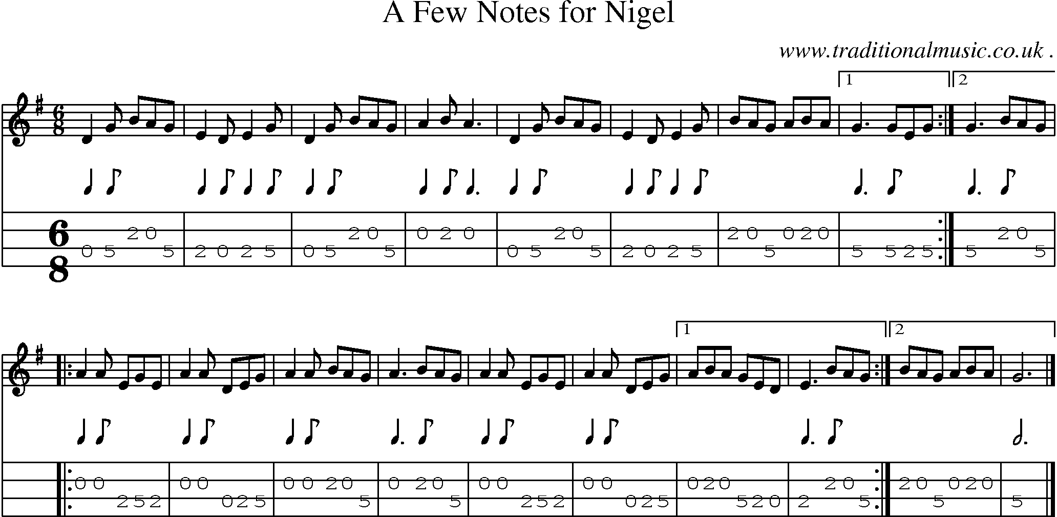 Sheet-music  score, Chords and Mandolin Tabs for A Few Notes For Nigel