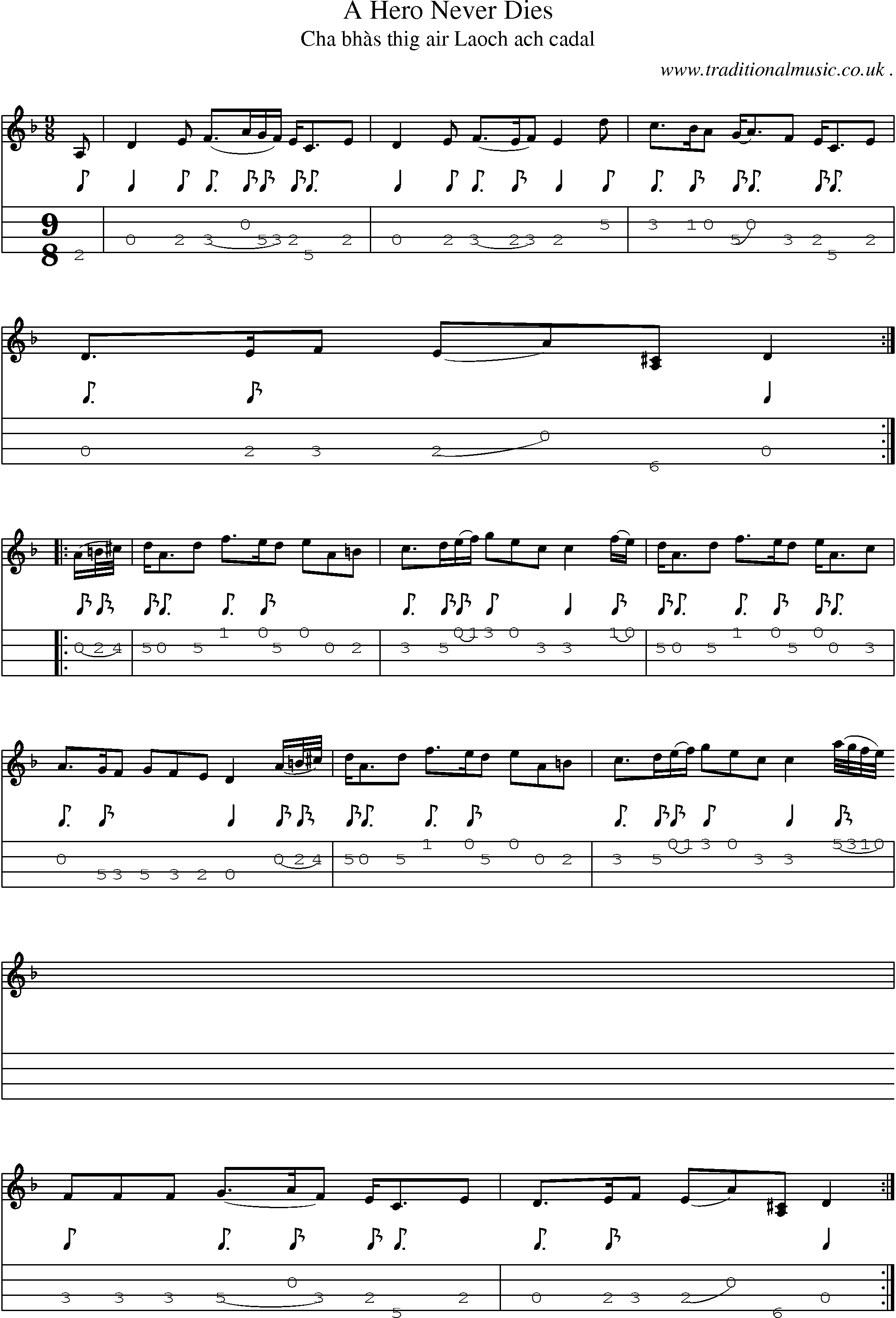 Sheet-music  score, Chords and Mandolin Tabs for A Hero Never Dies