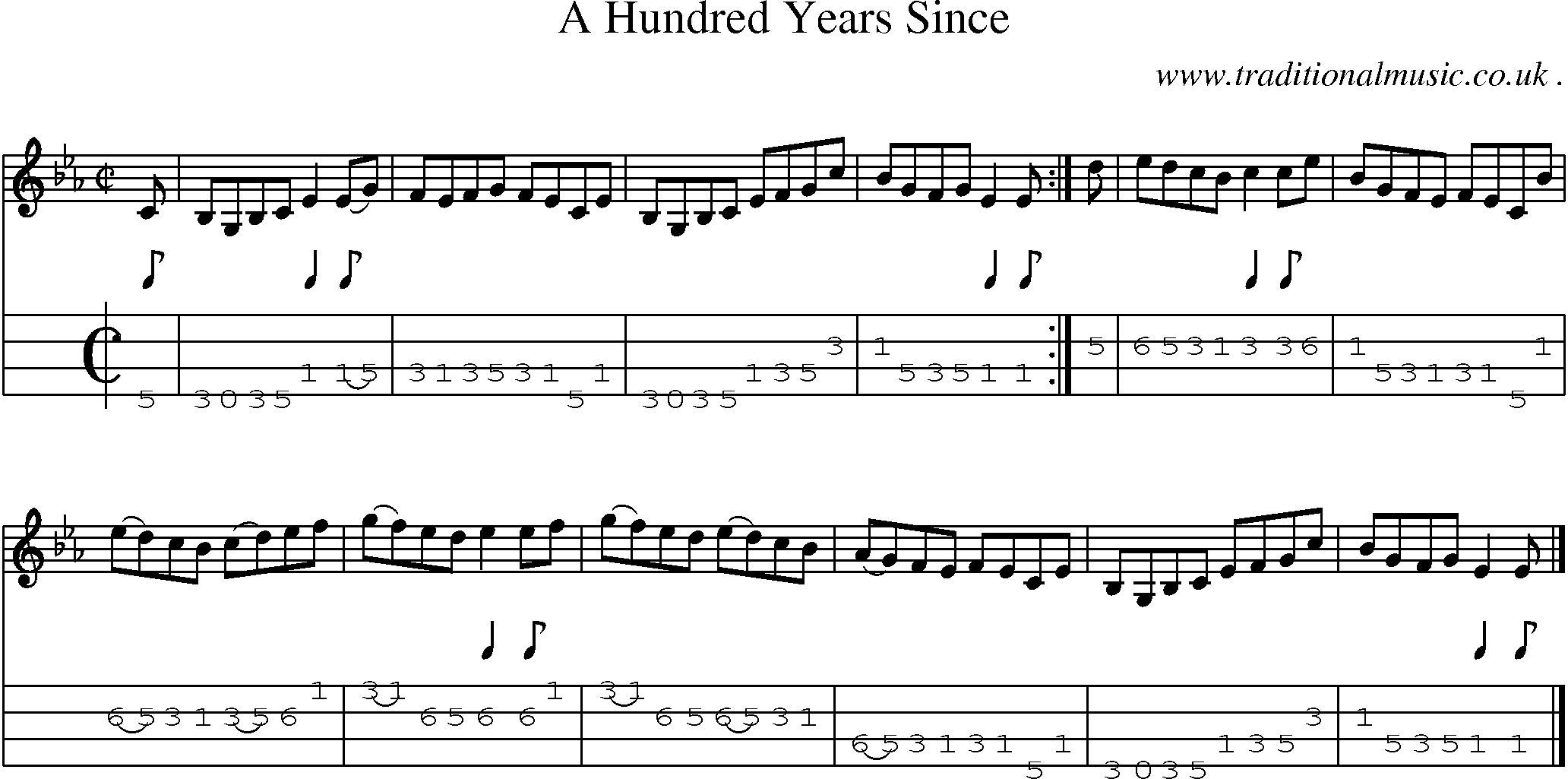Sheet-music  score, Chords and Mandolin Tabs for A Hundred Years Since