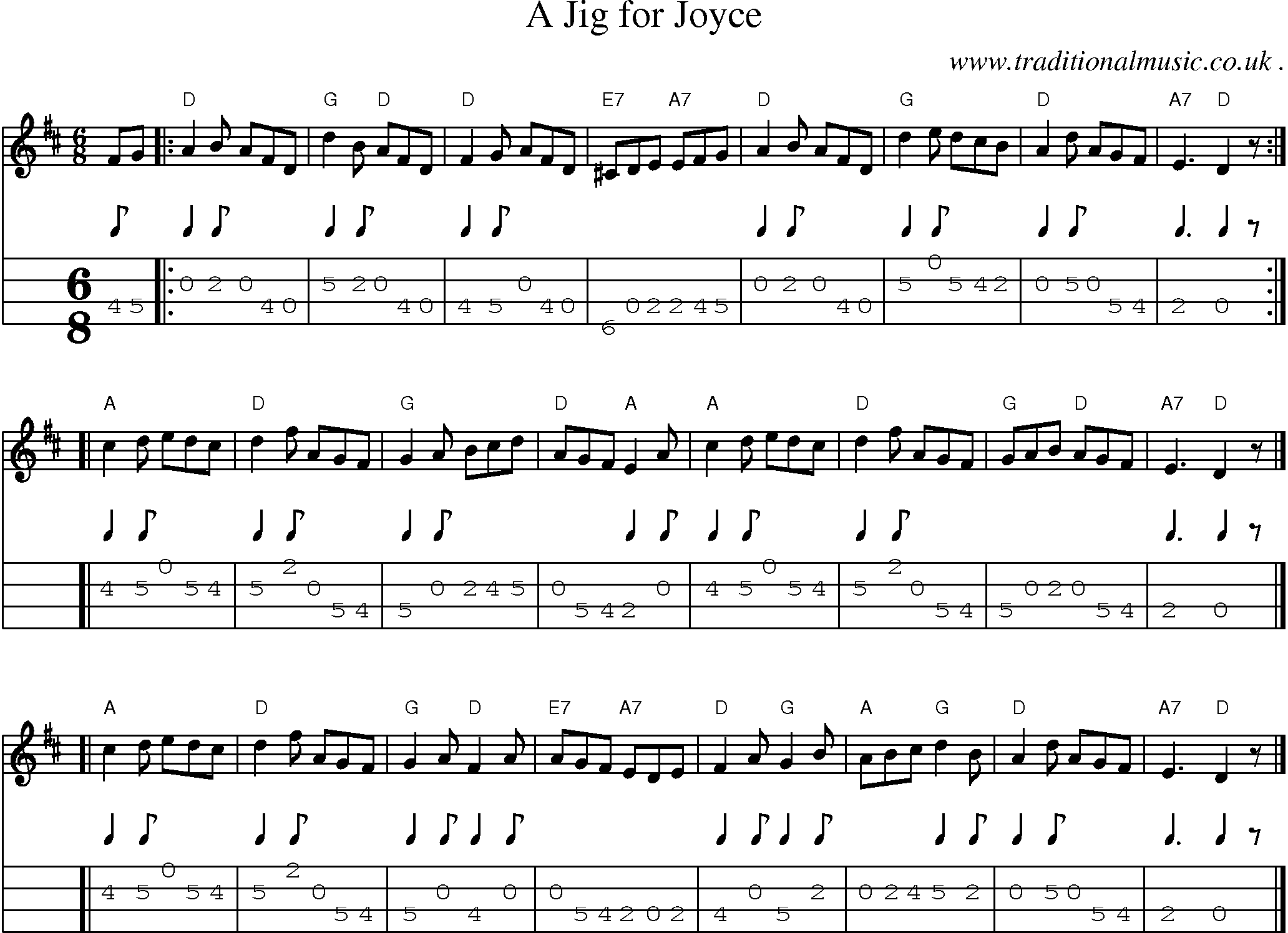 Sheet-music  score, Chords and Mandolin Tabs for A Jig For Joyce