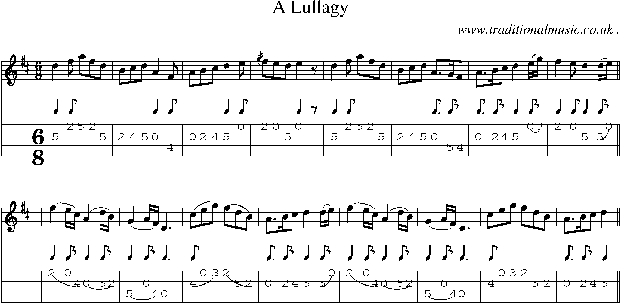Sheet-music  score, Chords and Mandolin Tabs for A Lullagy