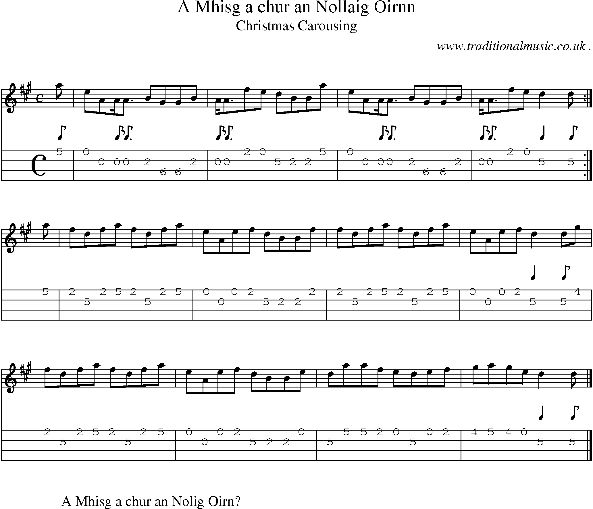 Sheet-music  score, Chords and Mandolin Tabs for A Mhisg A Chur An Nollaig Oirnn