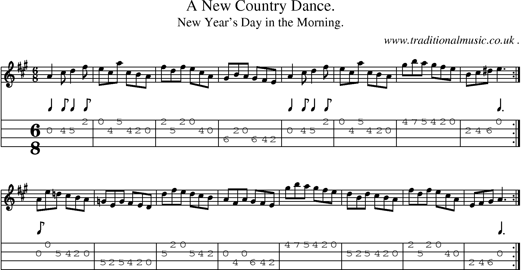 Sheet-music  score, Chords and Mandolin Tabs for A New Country Dance