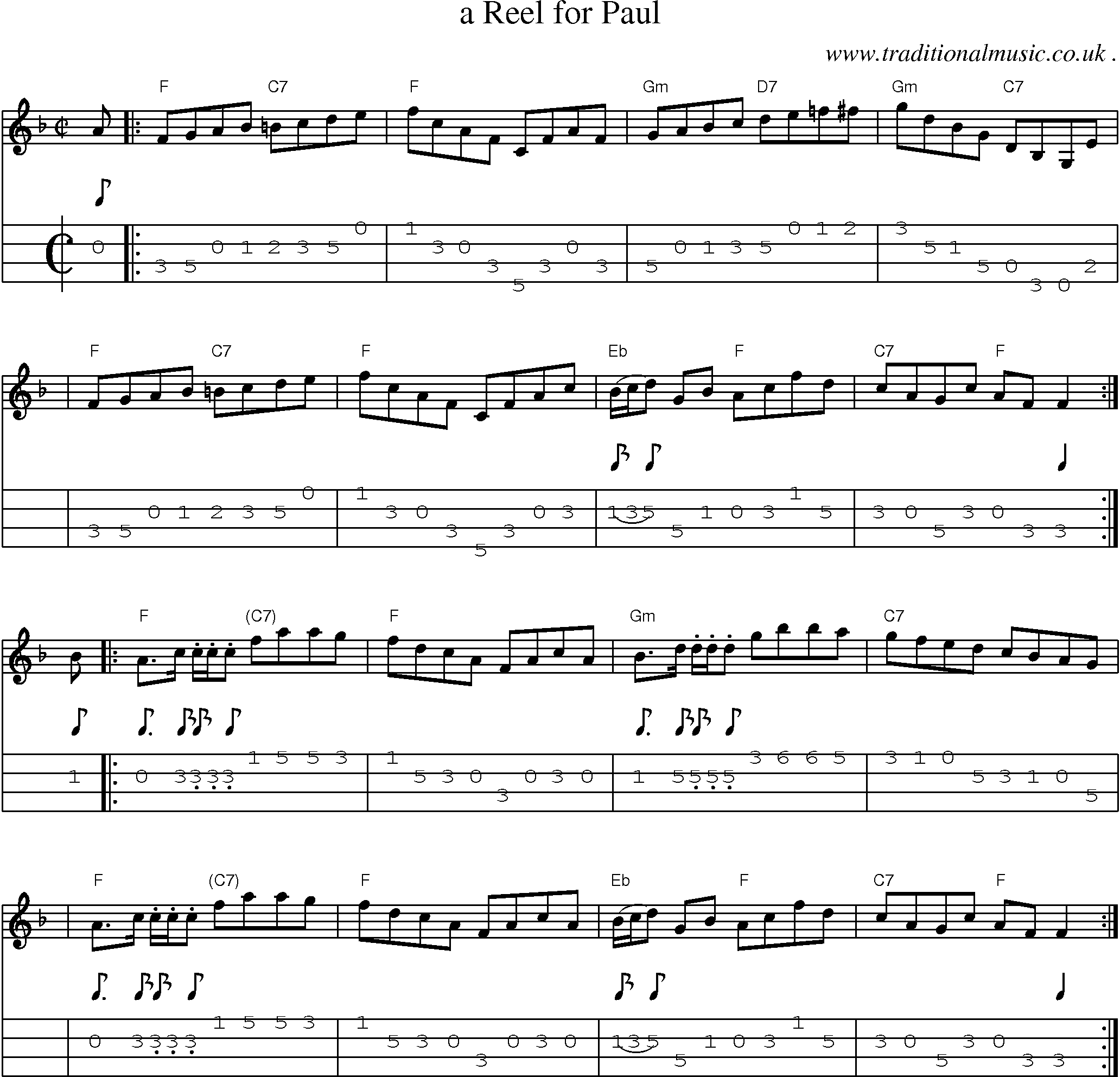Sheet-music  score, Chords and Mandolin Tabs for A Reel For Paul