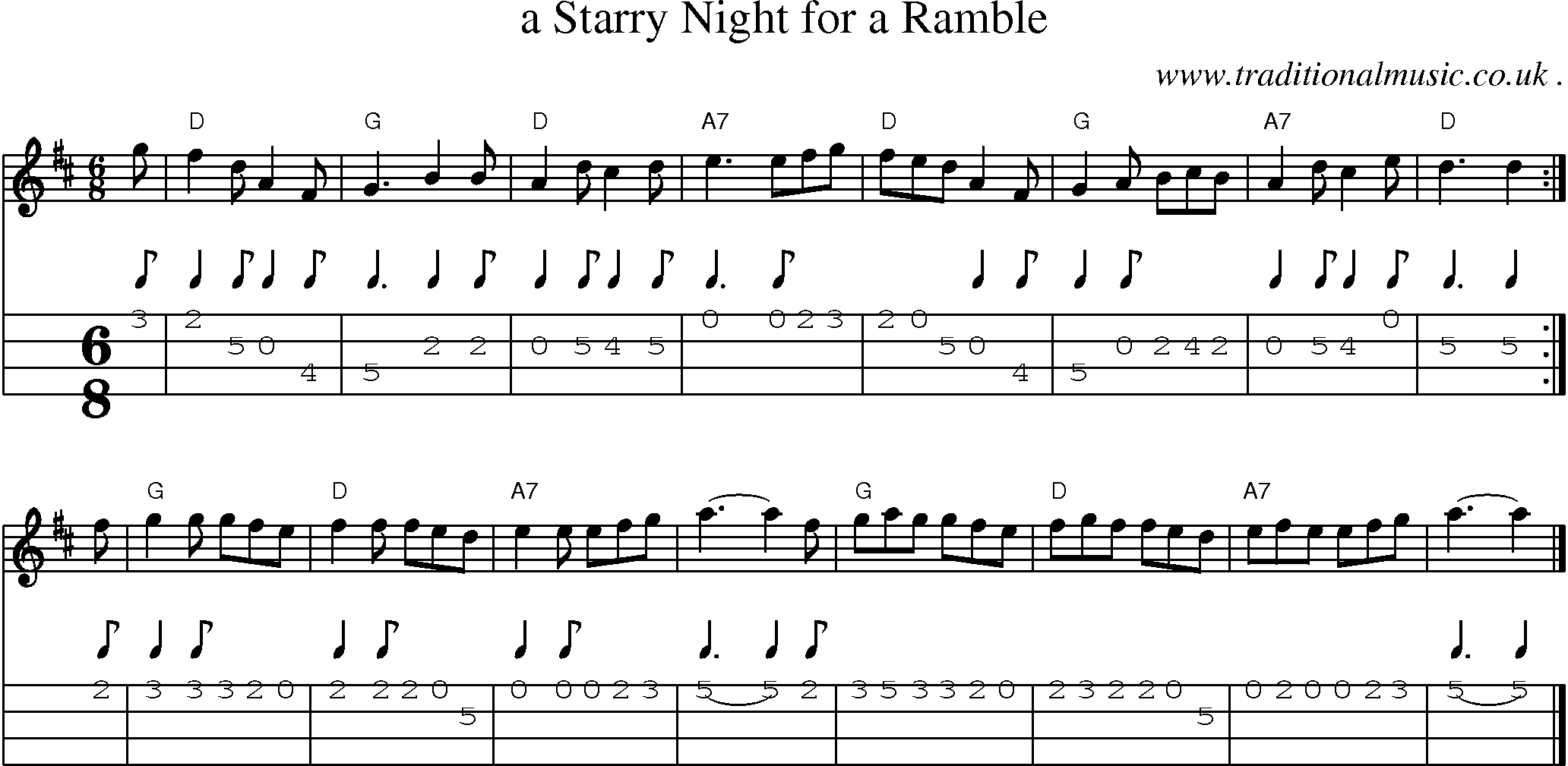 Sheet-music  score, Chords and Mandolin Tabs for A Starry Night For A Ramble