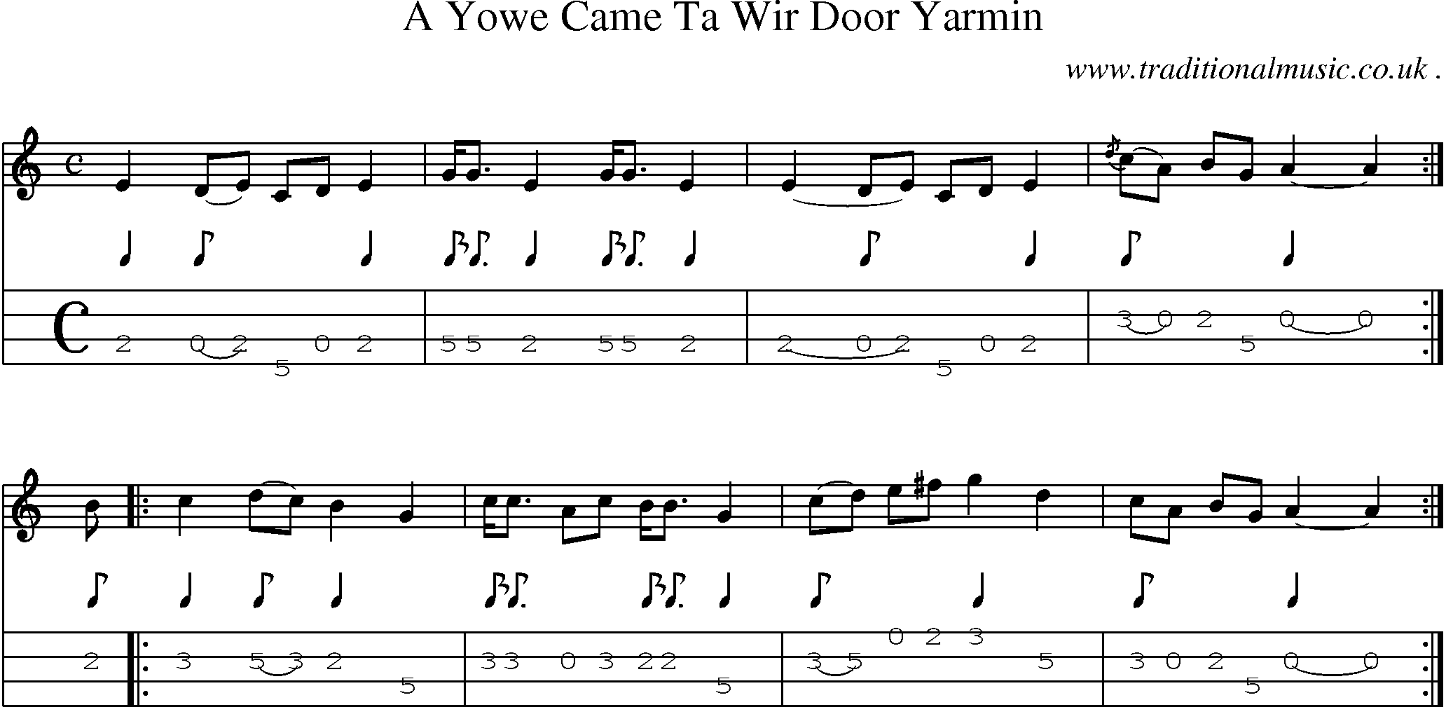 Sheet-music  score, Chords and Mandolin Tabs for A Yowe Came Ta Wir Door Yarmin