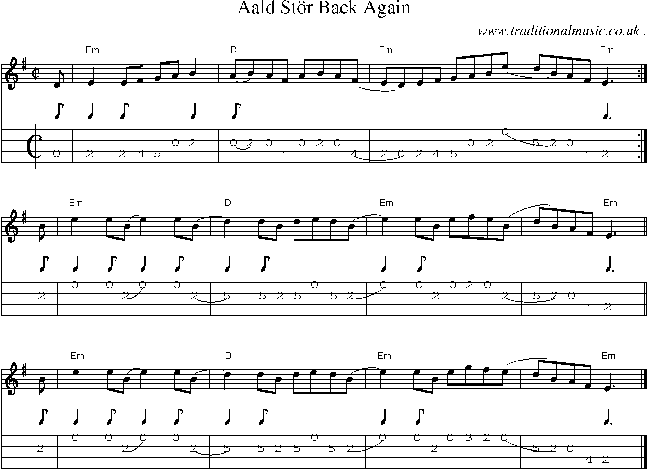 Sheet-music  score, Chords and Mandolin Tabs for Aald Stor Back Again