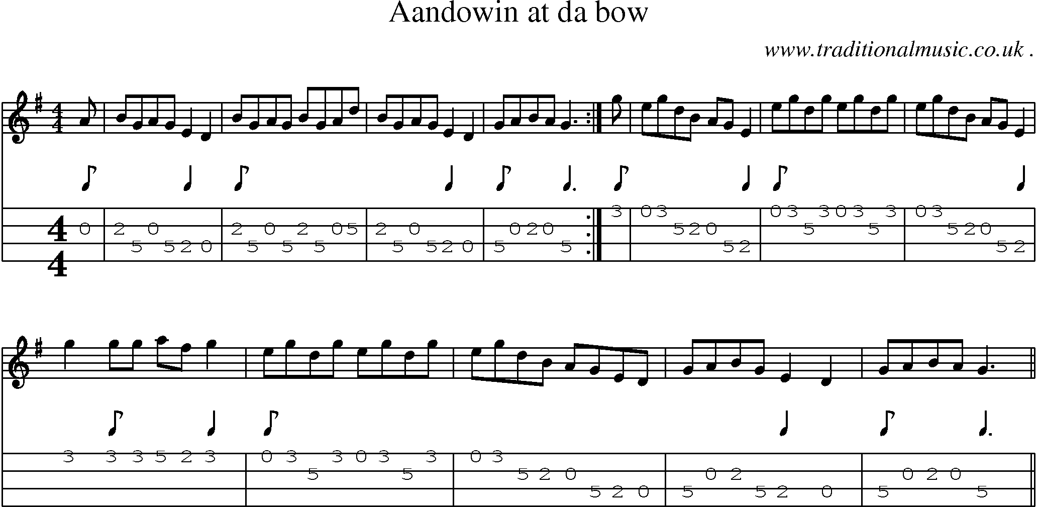 Sheet-music  score, Chords and Mandolin Tabs for Aandowin At Da Bow