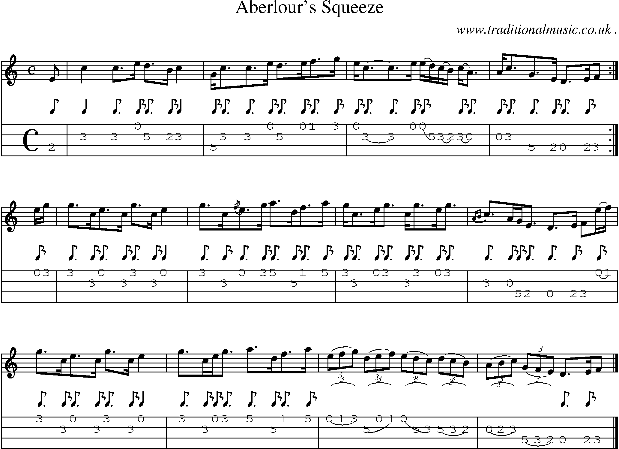 Sheet-music  score, Chords and Mandolin Tabs for Aberlours Squeeze