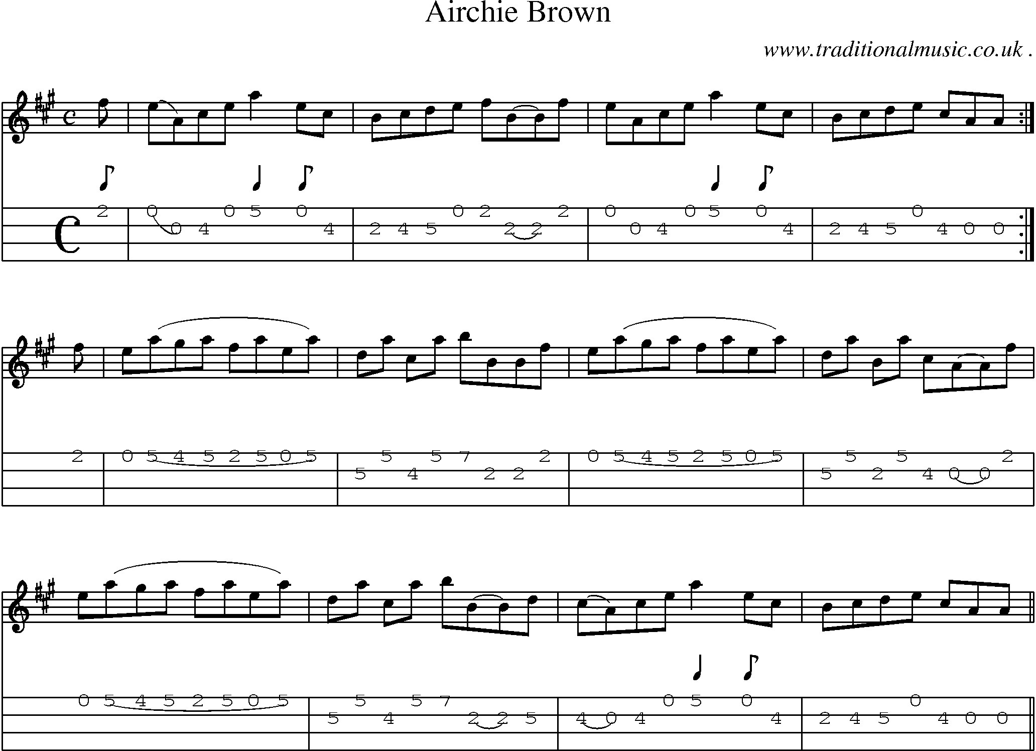 Sheet-music  score, Chords and Mandolin Tabs for Airchie Brown