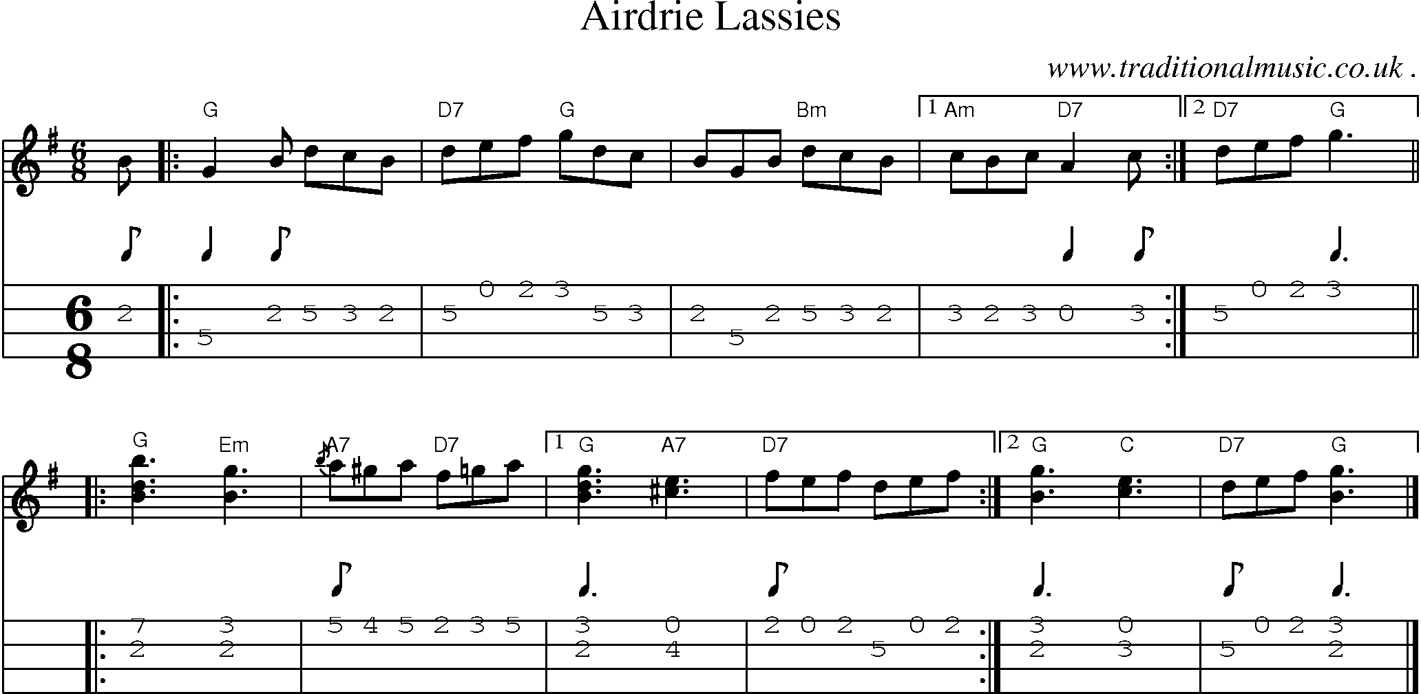 Sheet-music  score, Chords and Mandolin Tabs for Airdrie Lassies