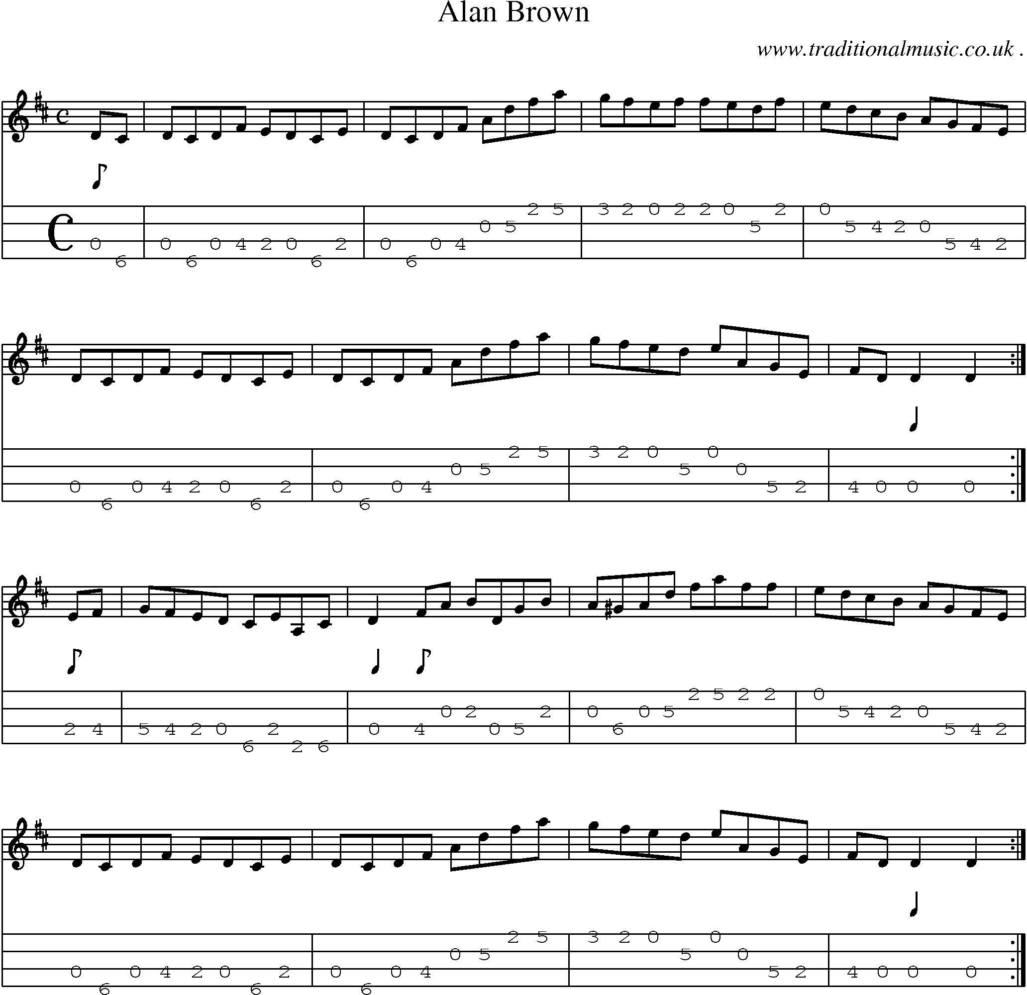 Sheet-music  score, Chords and Mandolin Tabs for Alan Brown