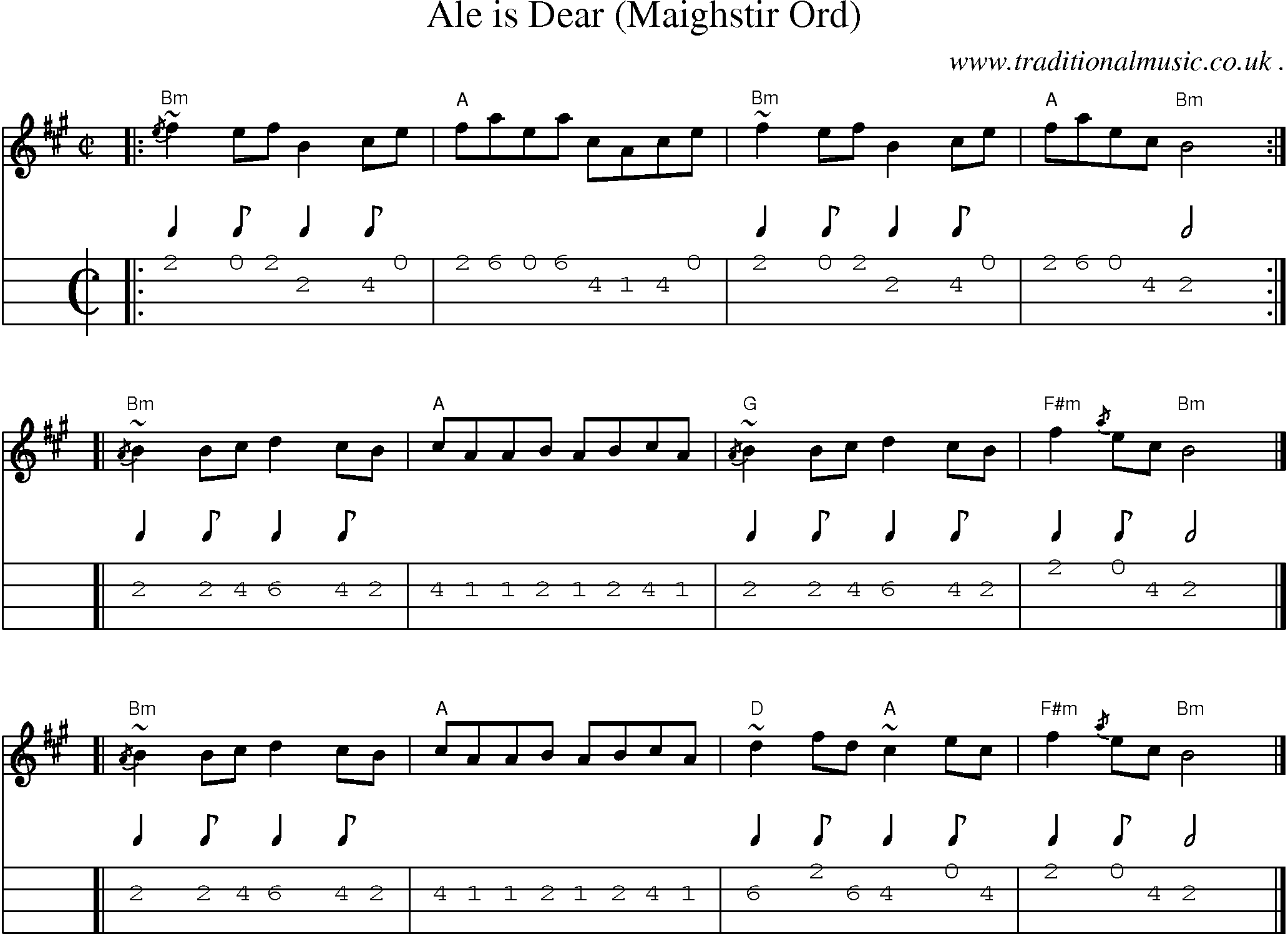 Sheet-music  score, Chords and Mandolin Tabs for Ale Is Dear Maighstir Ord