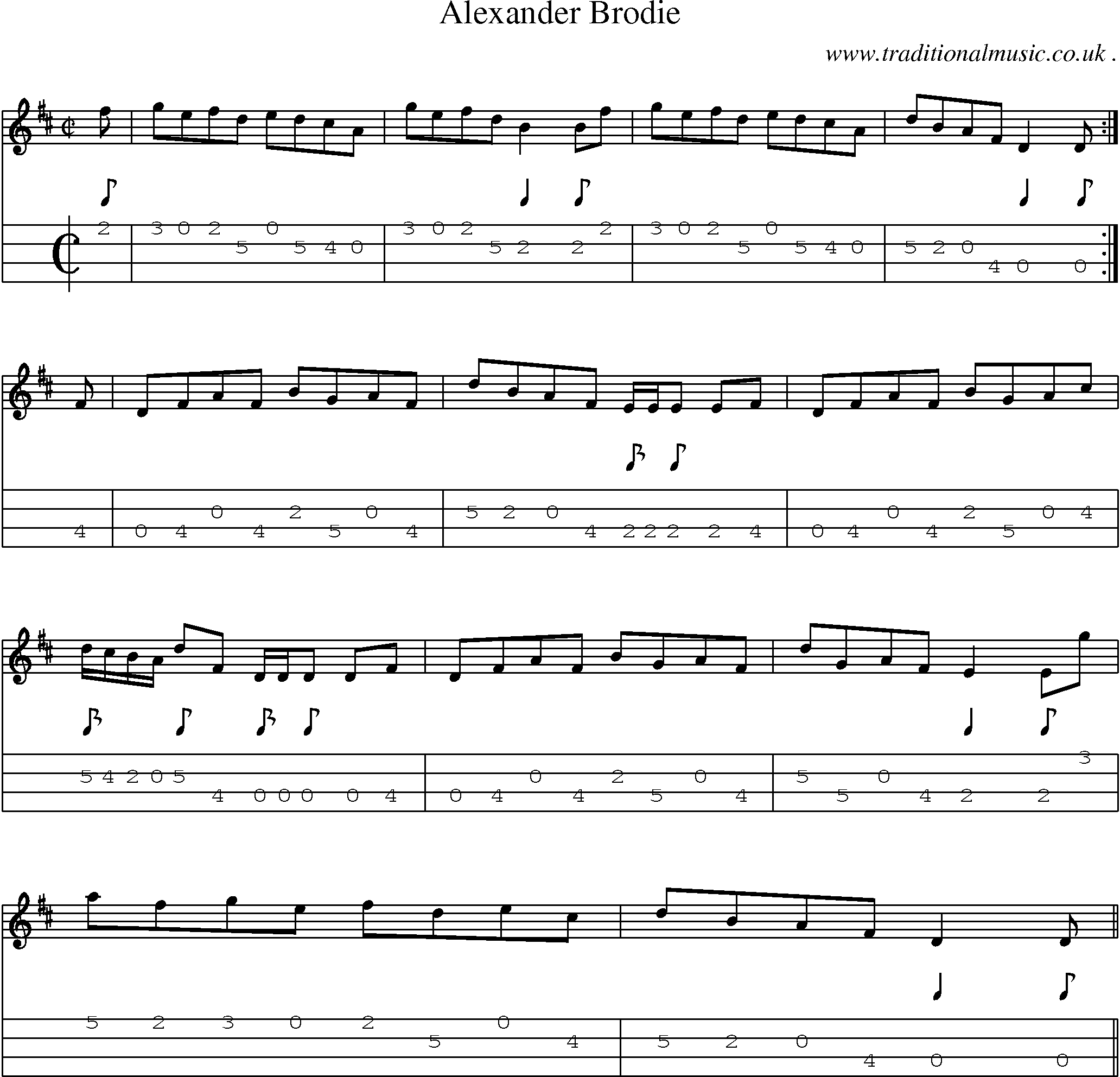 Sheet-music  score, Chords and Mandolin Tabs for Alexander Brodie