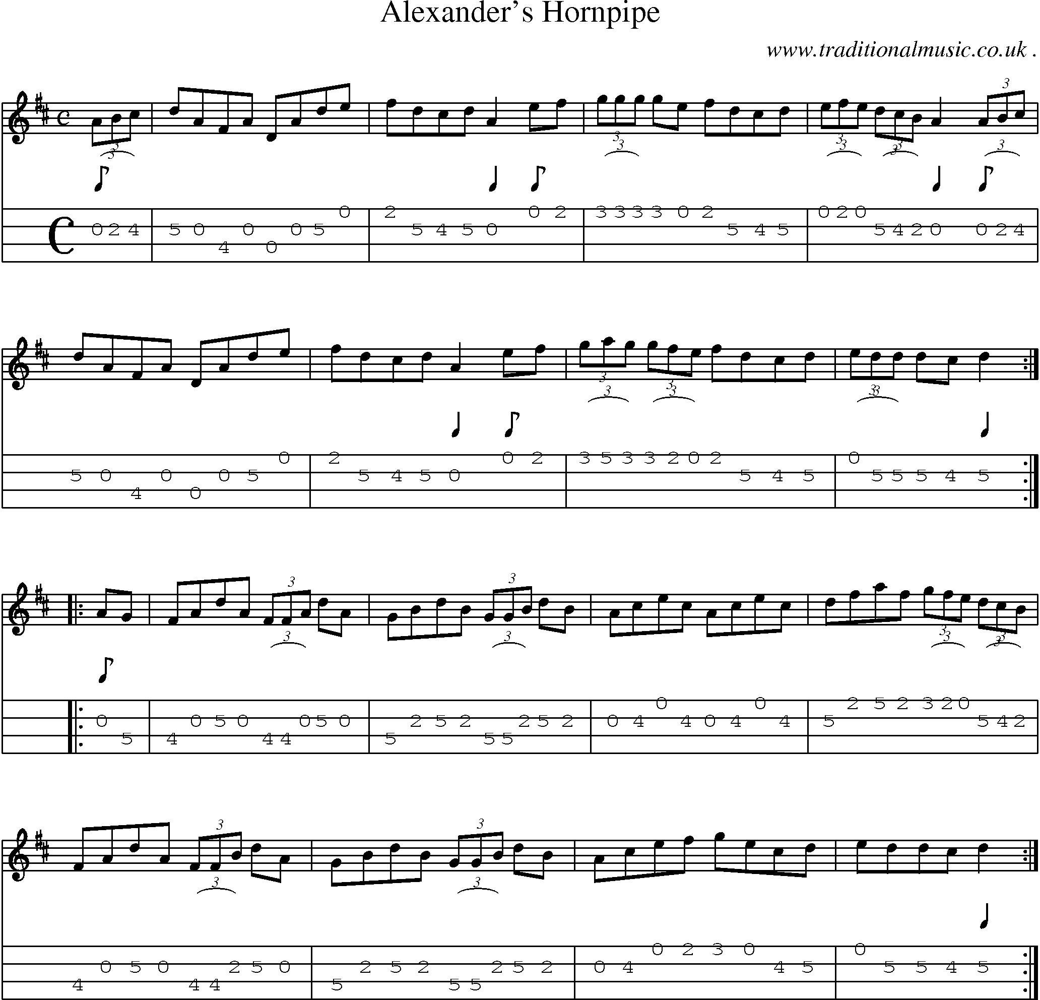 Sheet-music  score, Chords and Mandolin Tabs for Alexanders Hornpipe