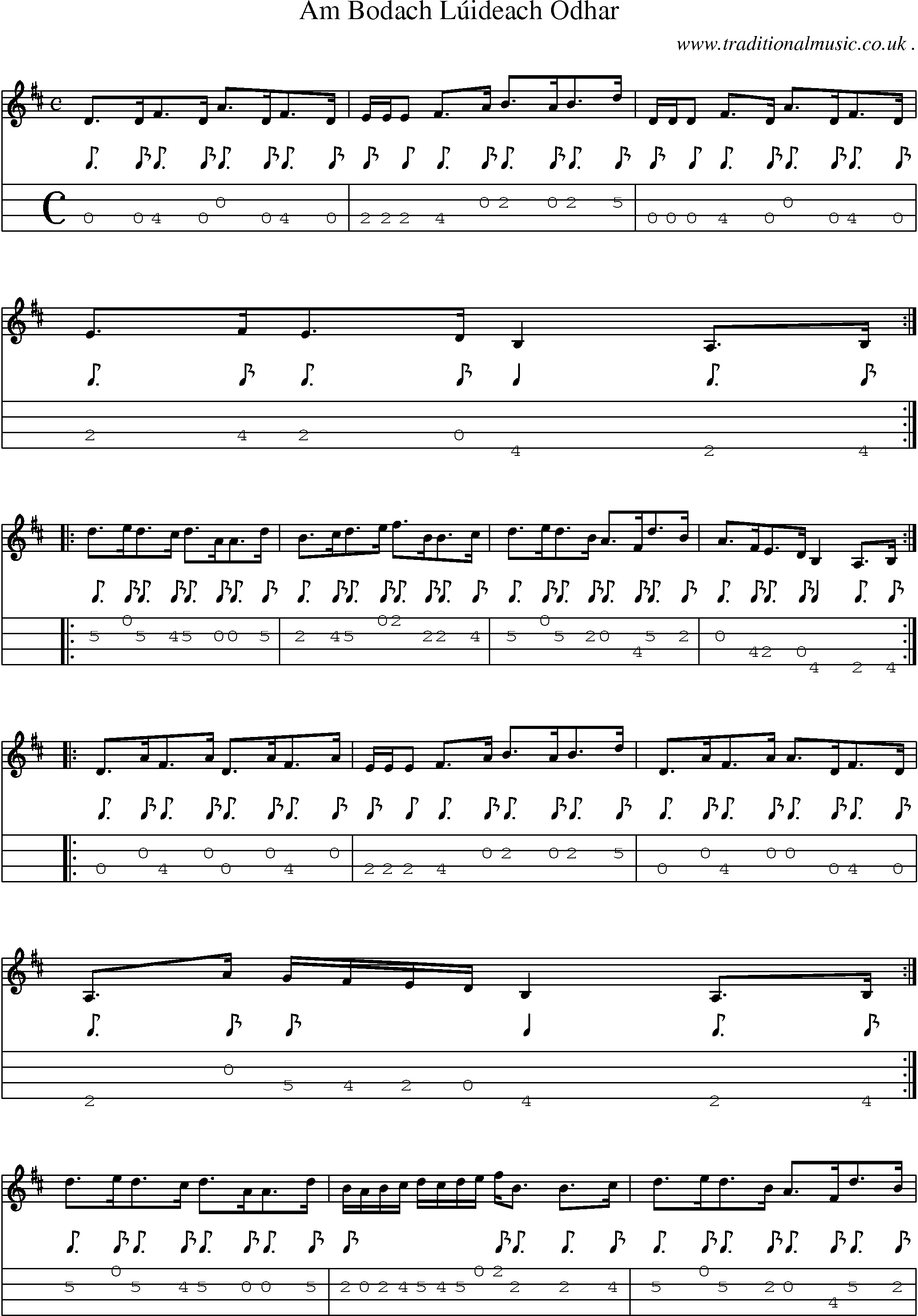 Sheet-music  score, Chords and Mandolin Tabs for Am Bodach Luideach Odhar