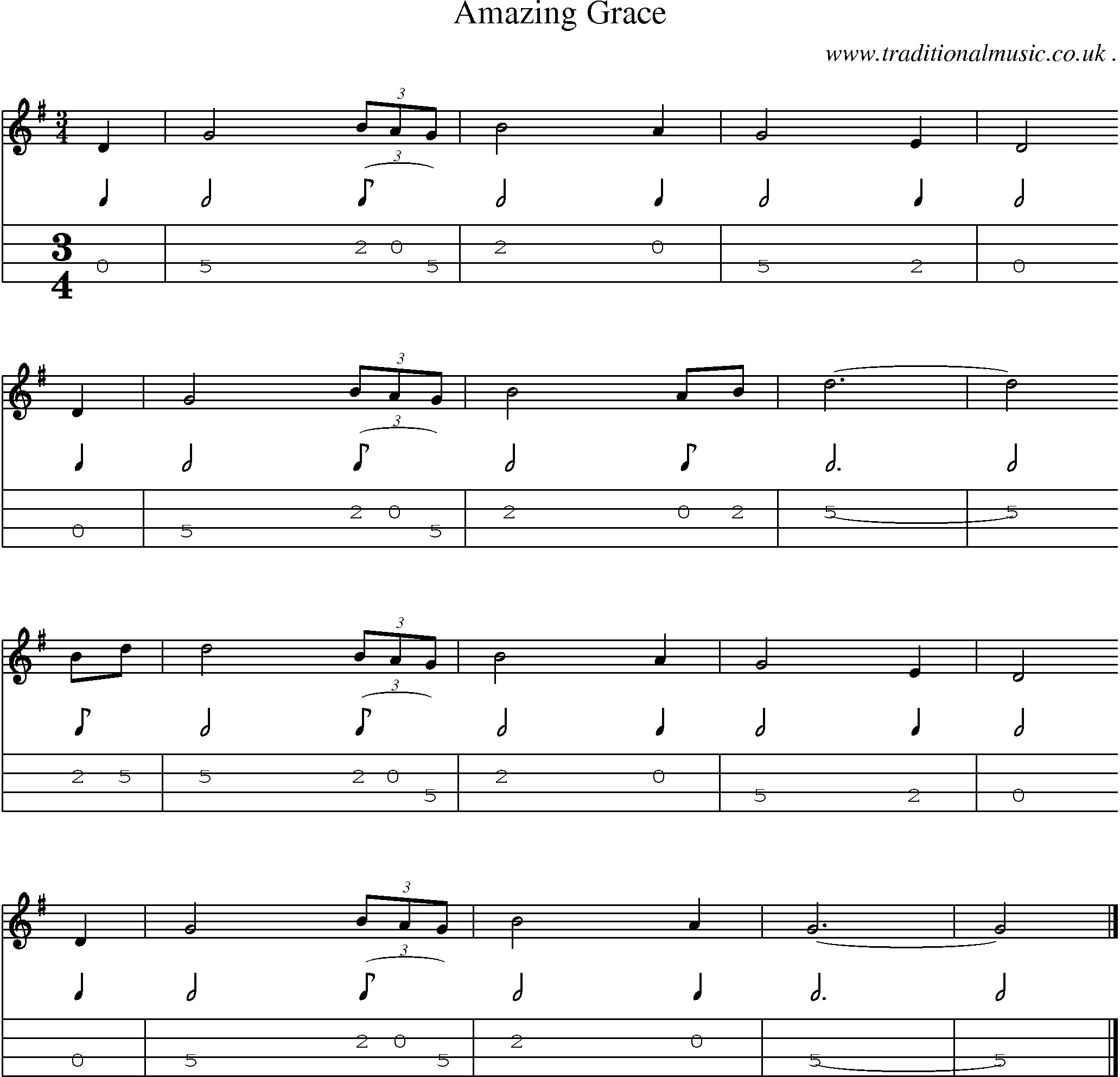 Sheet-music  score, Chords and Mandolin Tabs for Amazing Grace