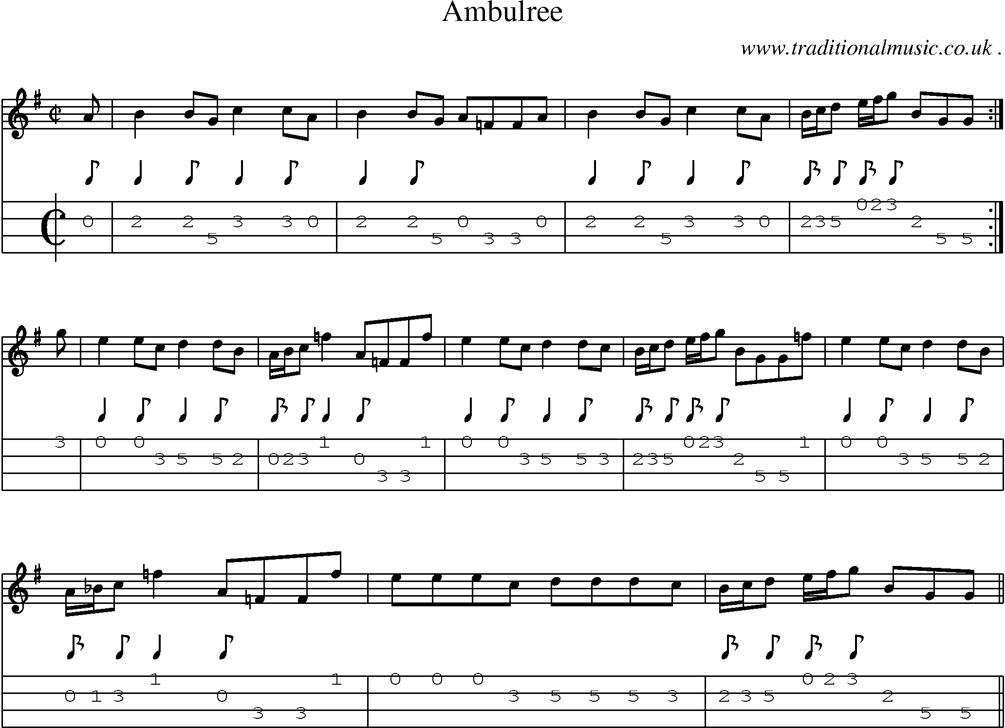 Sheet-music  score, Chords and Mandolin Tabs for Ambulree
