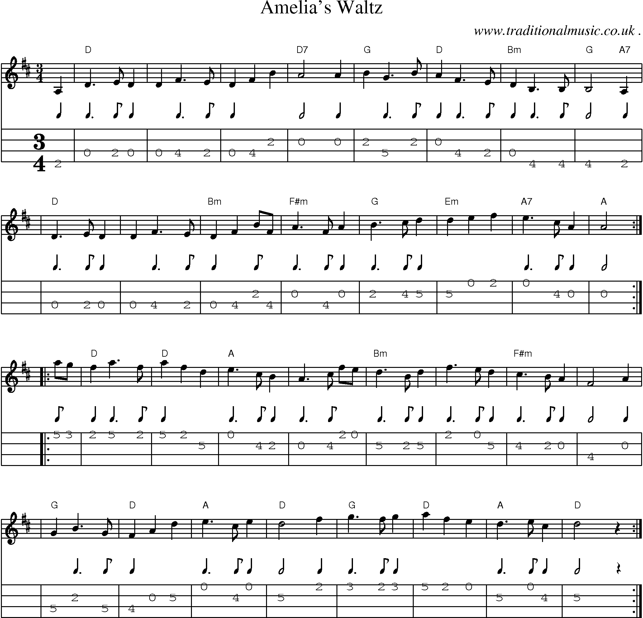 Sheet-music  score, Chords and Mandolin Tabs for Amelias Waltz