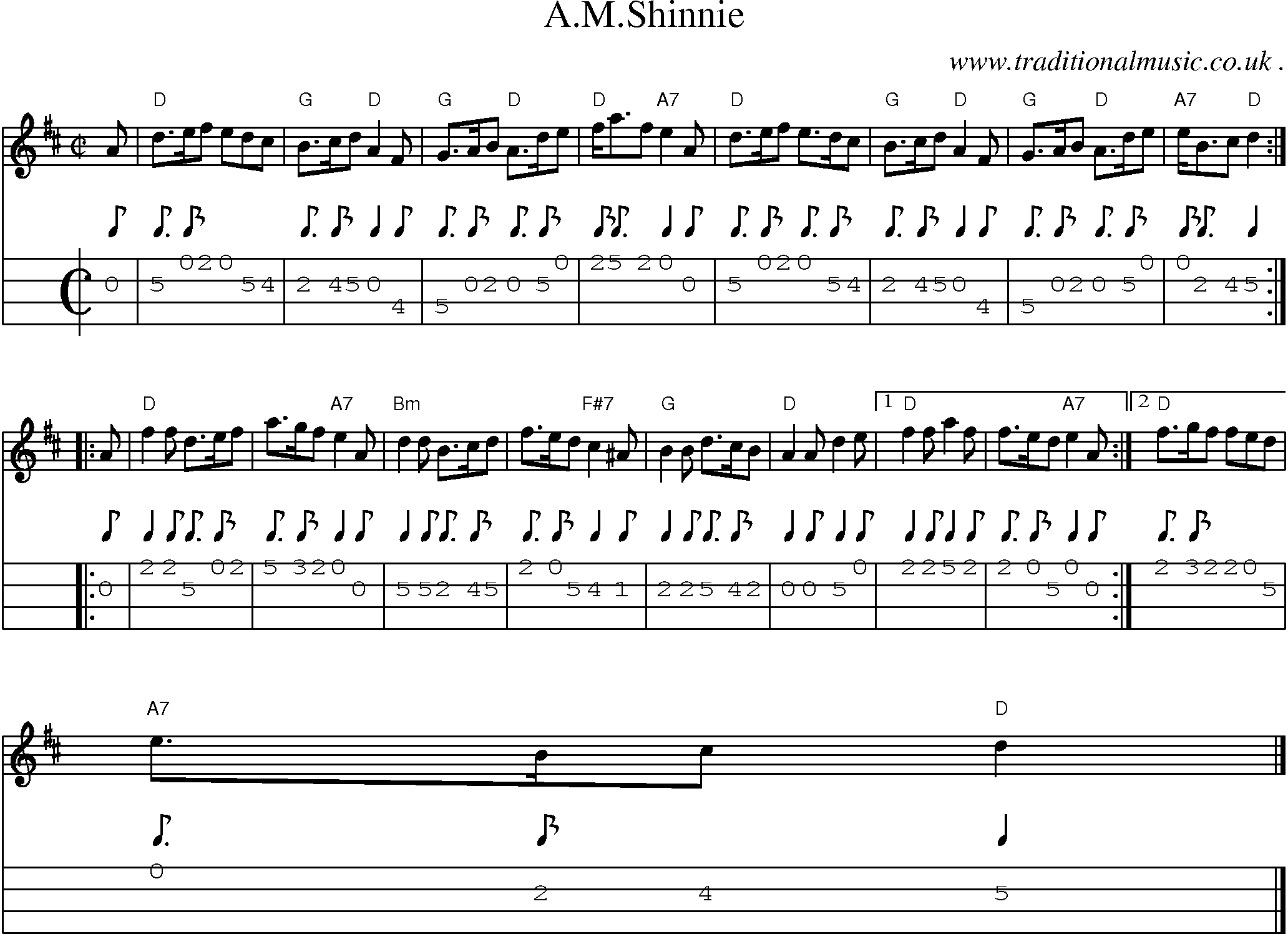 Sheet-music  score, Chords and Mandolin Tabs for Amshinnie
