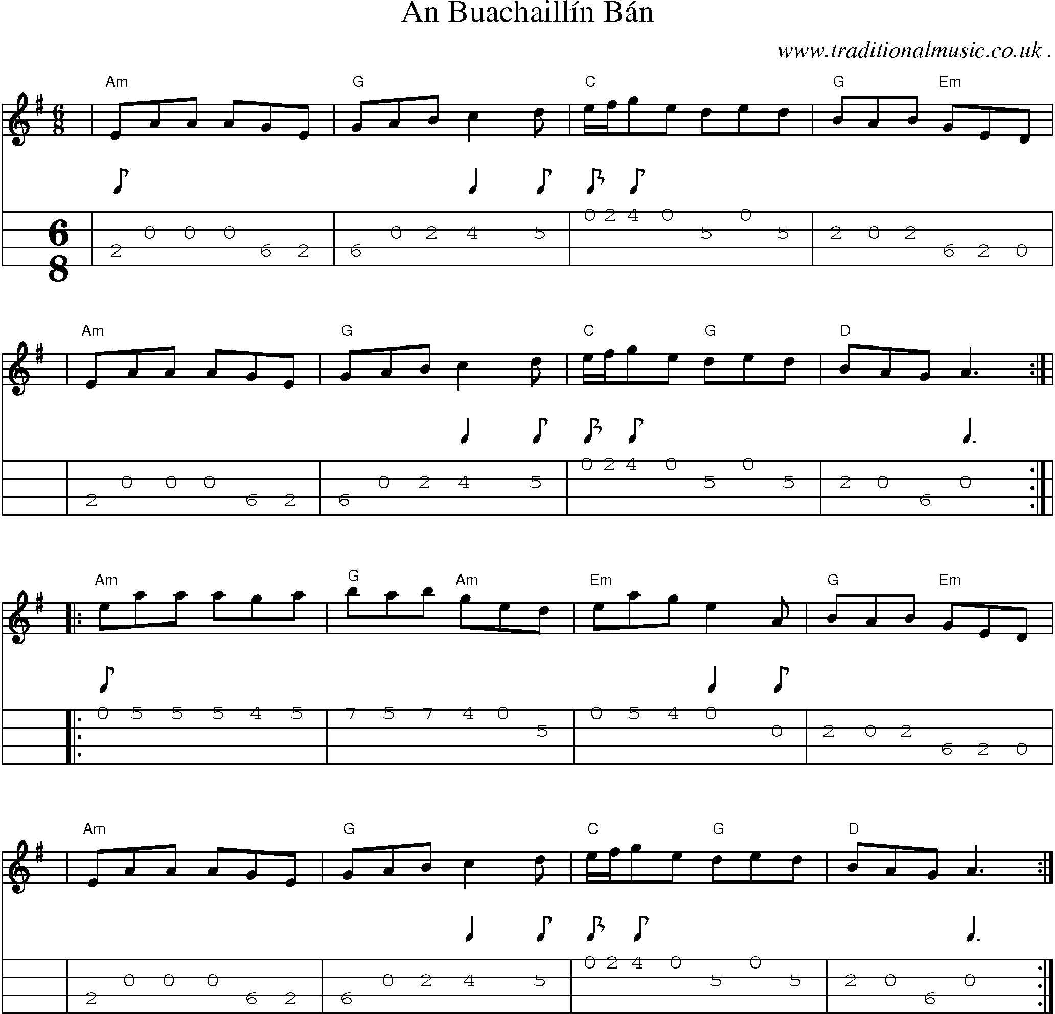 Sheet-music  score, Chords and Mandolin Tabs for An Buachaillin Ban
