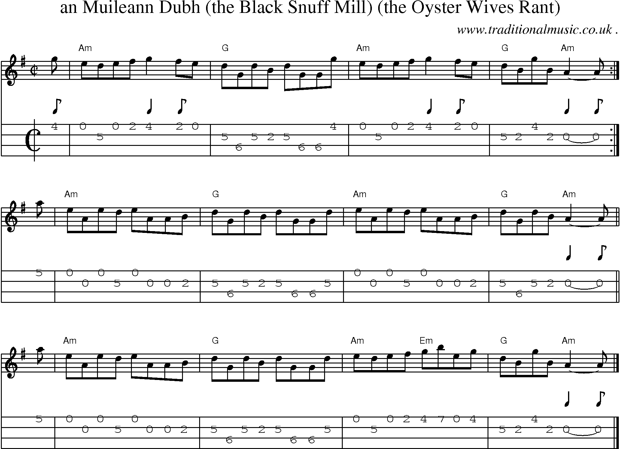 Sheet-music  score, Chords and Mandolin Tabs for An Muileann Dubh The Black Snuff Mill The Oyster Wives Rant