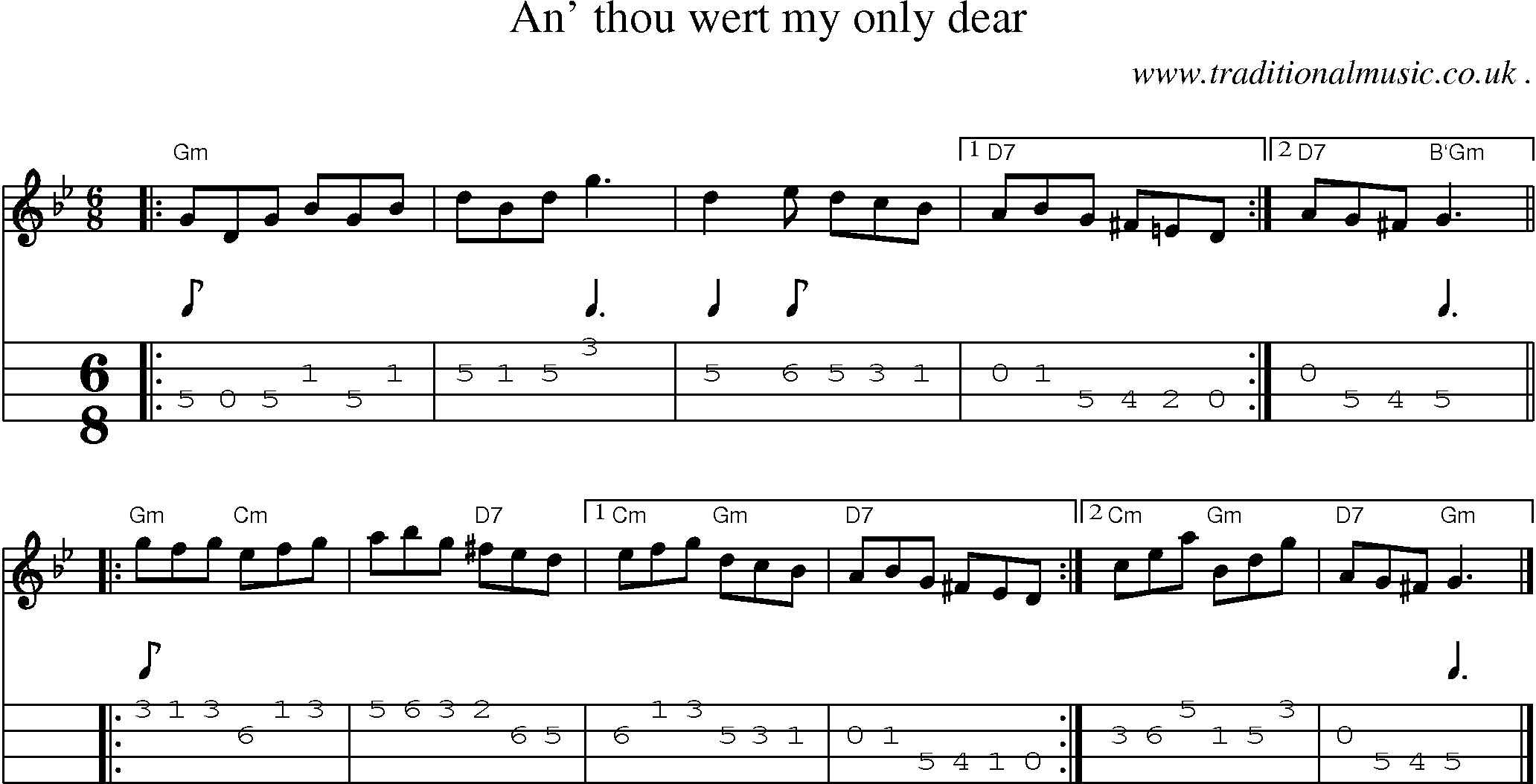 Sheet-music  score, Chords and Mandolin Tabs for An Thou Wert My Only Dear