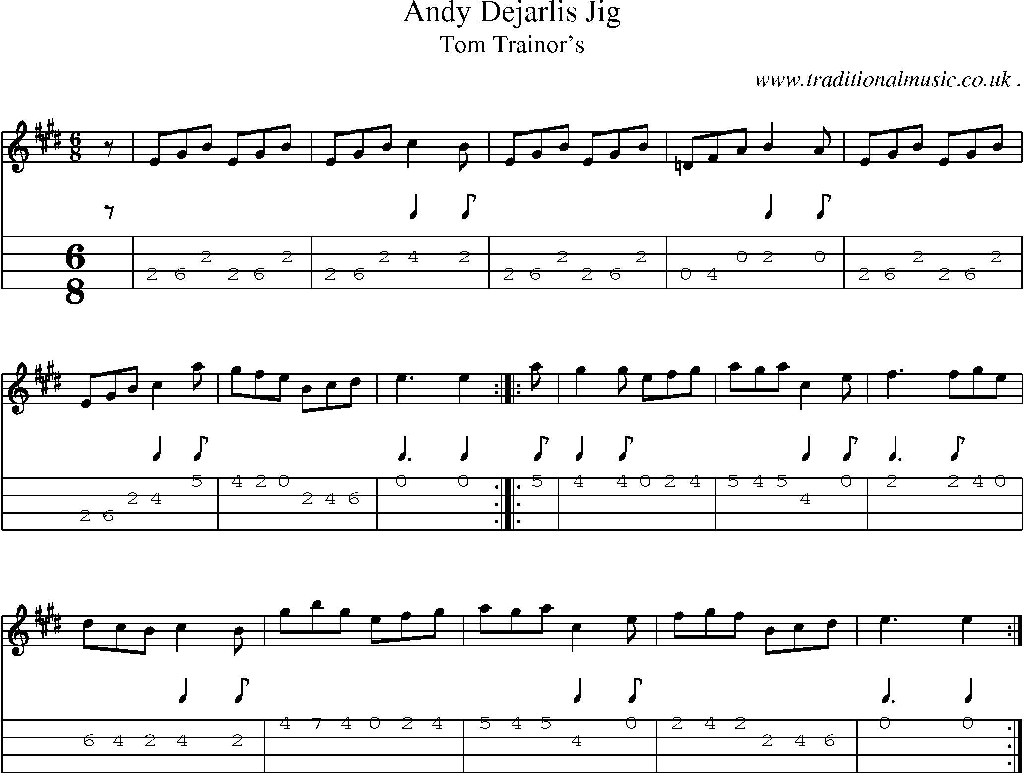 Sheet-music  score, Chords and Mandolin Tabs for Andy Dejarlis Jig